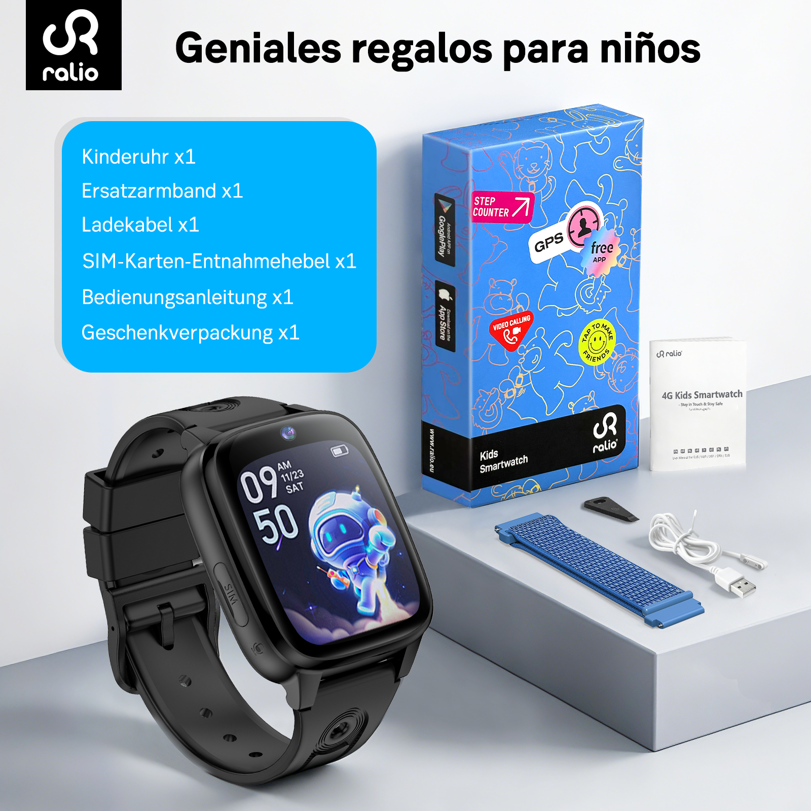 Un set de smartwatch infantil negro con reloj, cable de carga, correa azul y caja.