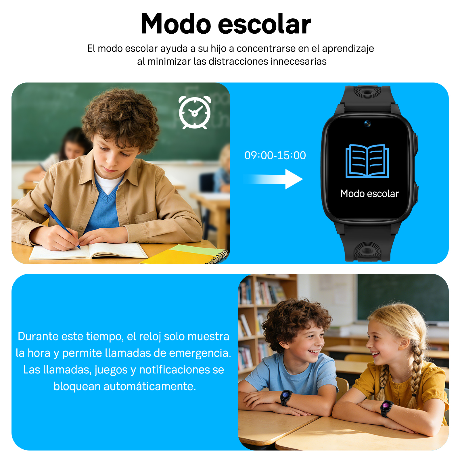 Niño escribiendo en clase, smartwatch muestra modo escolar 9-15. Dos niños sonriendo.