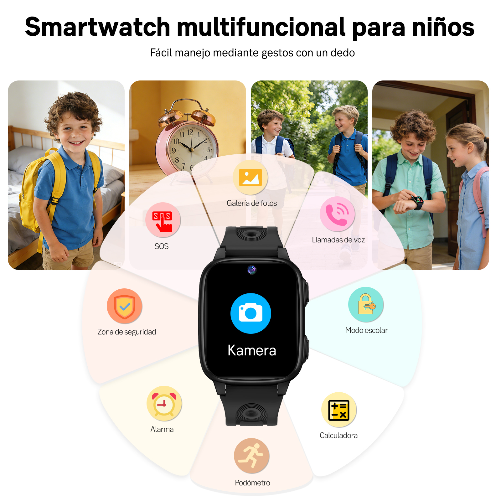 Smartwatch para niños con cámara, llamadas, SOS, zona segura, alarma, podómetro, calculadora.