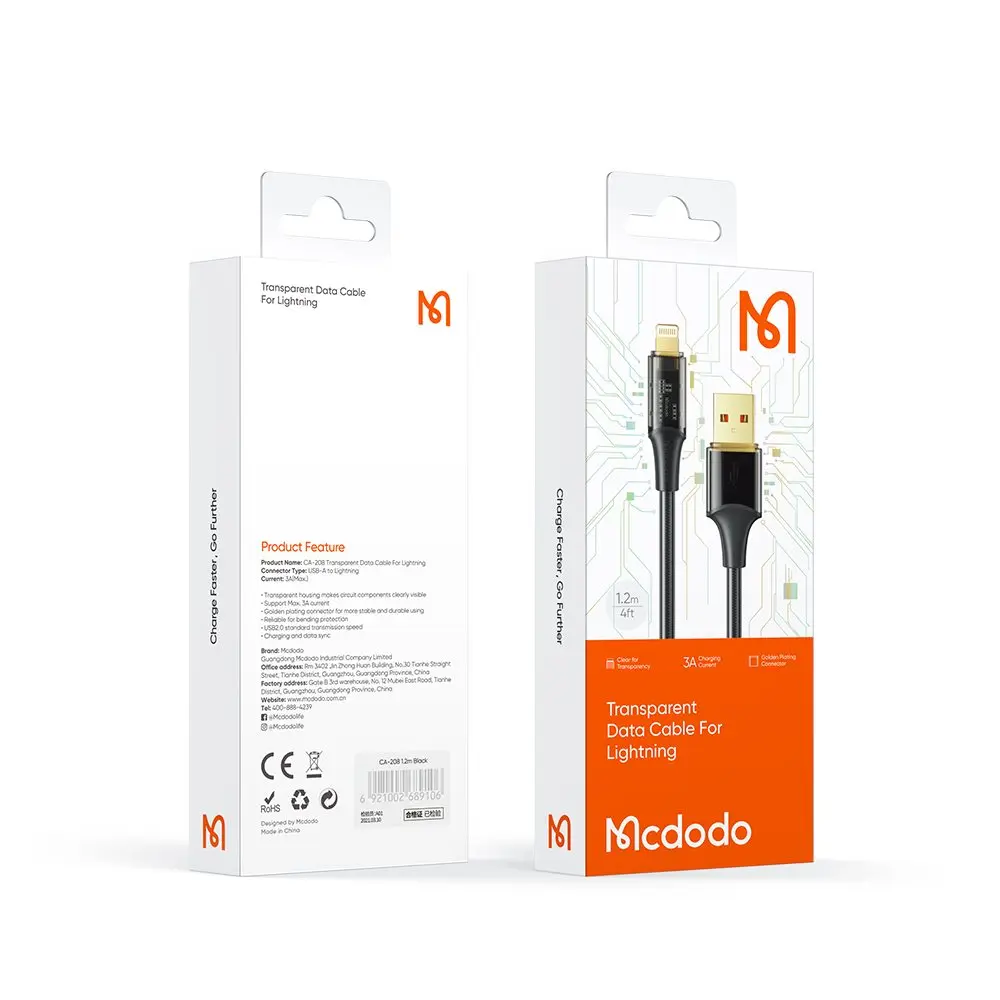 Mcdodo şeffaf Lightning veri kablosunun USB-A konektörlü ambalajı.
