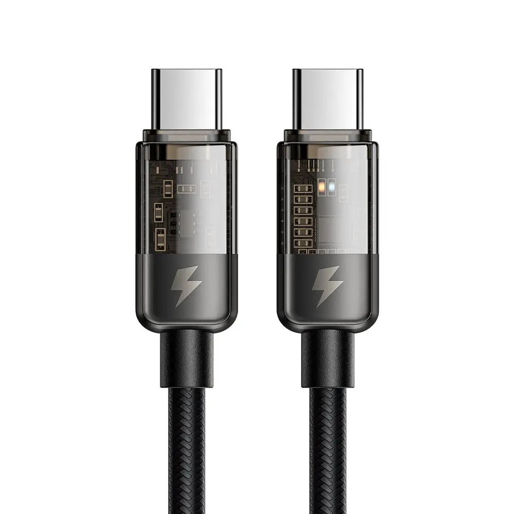 Şeffaf gövdeli ve şimşek sembollü iki USB-C şarj kablosu.