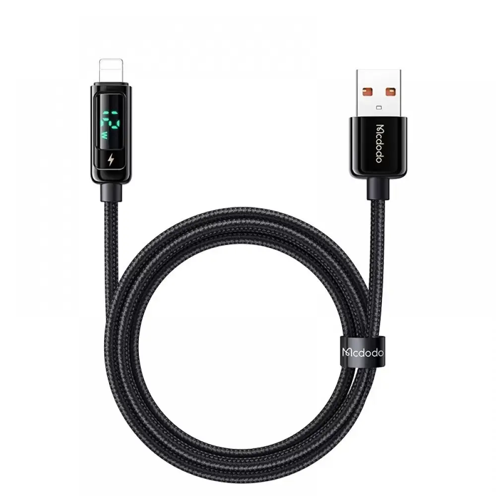 USB-A ve Lightning konektörlü, dijital ekranlı siyah şarj kablosu.