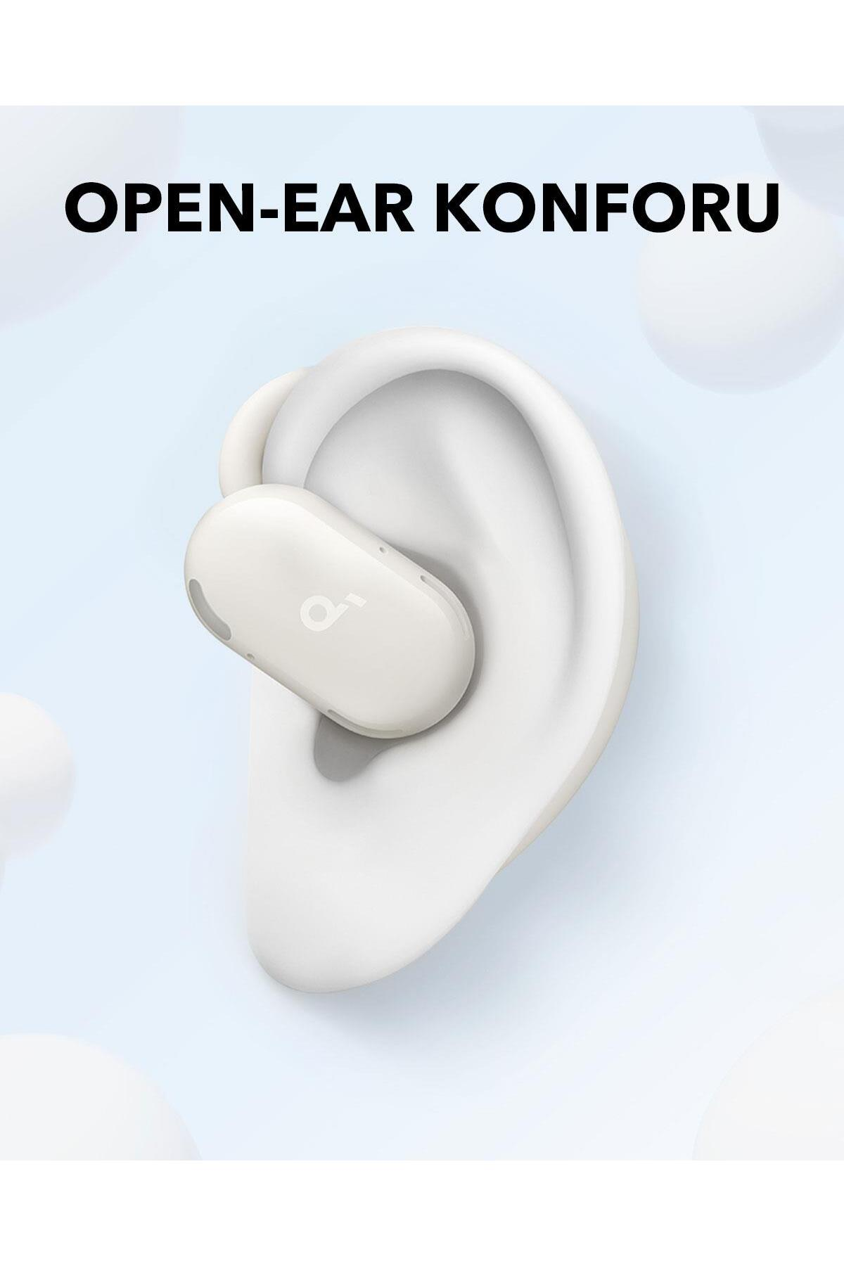 Auricular blanco en una oreja, con logo Anker, sobre fondo azul claro.