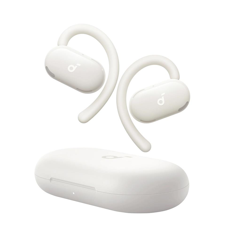 Dos auriculares inalámbricos blancos con ganchos para la oreja y un estuche de carga.