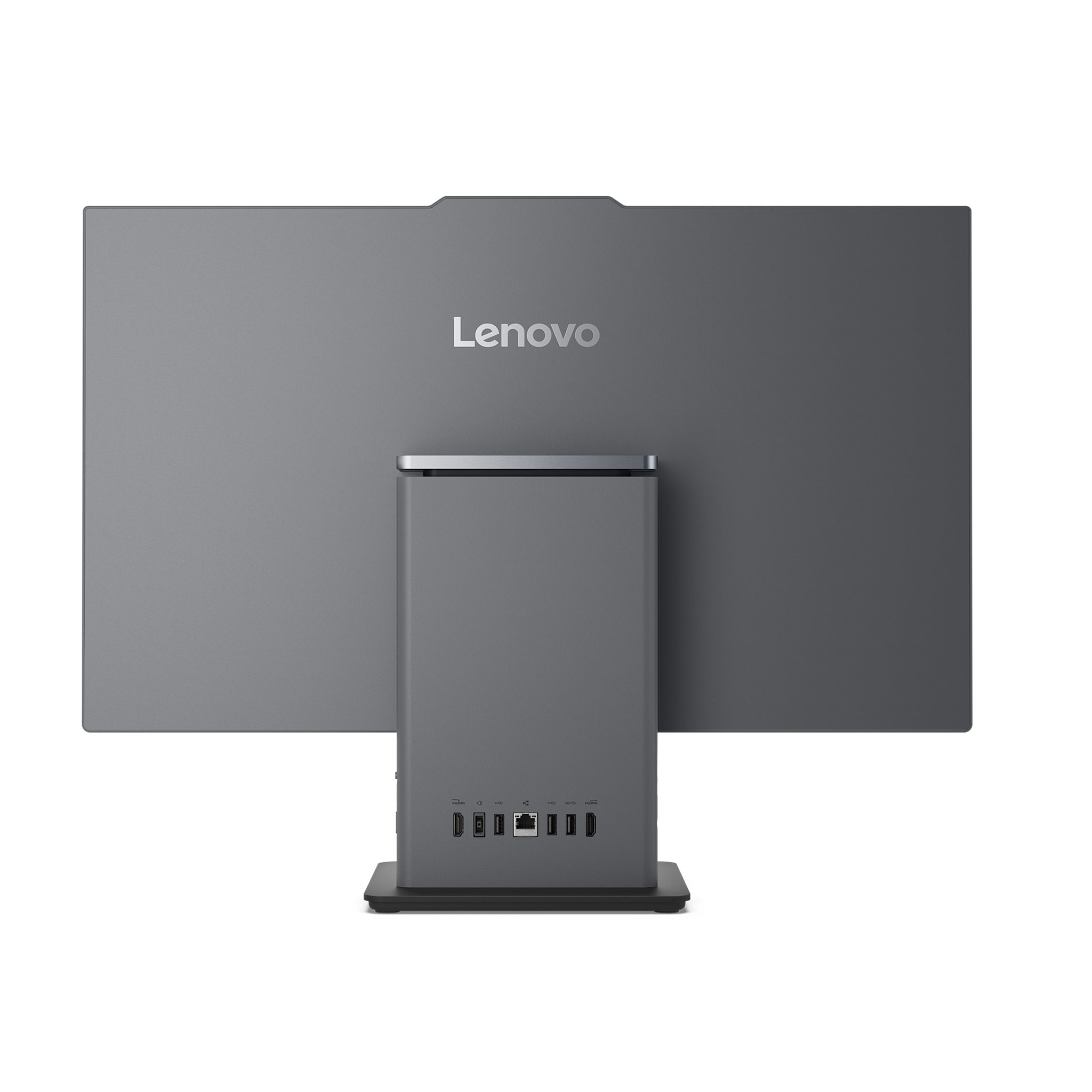 Gri Lenovo hepsi bir arada bilgisayarın bağlantı noktalarını gösteren arka görünümü.