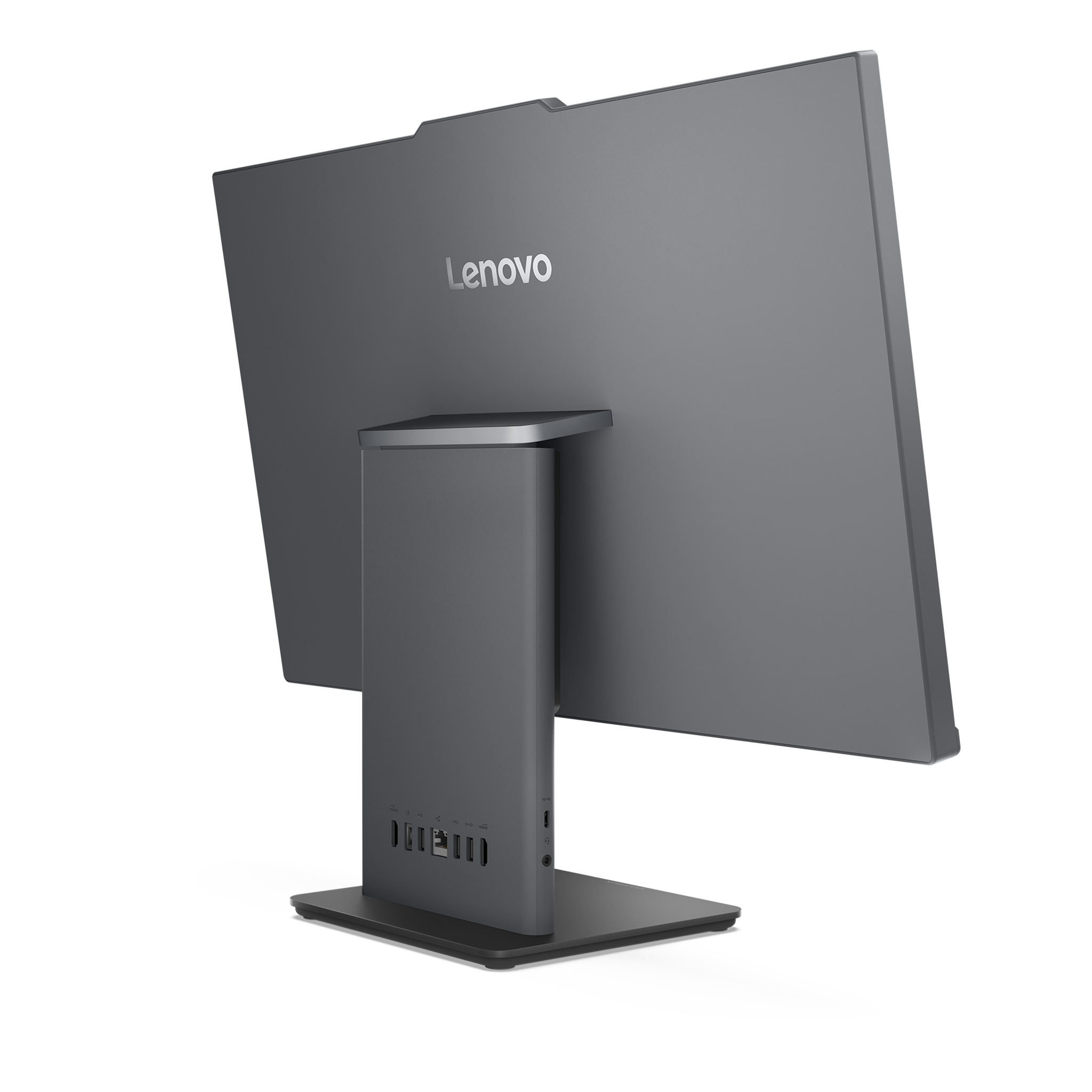 Standında bağlantı noktaları bulunan gri Lenovo hepsi bir arada bilgisayarın arka görünümü.