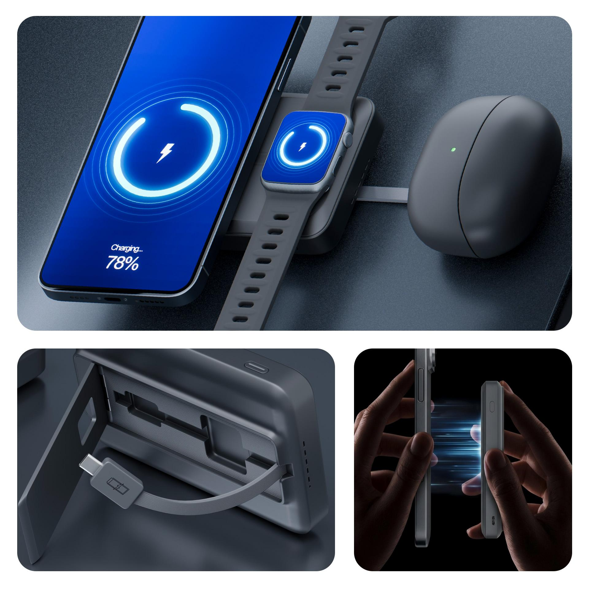 Smartfon, smartwatch i słuchawki ładują się bezprzewodowo.