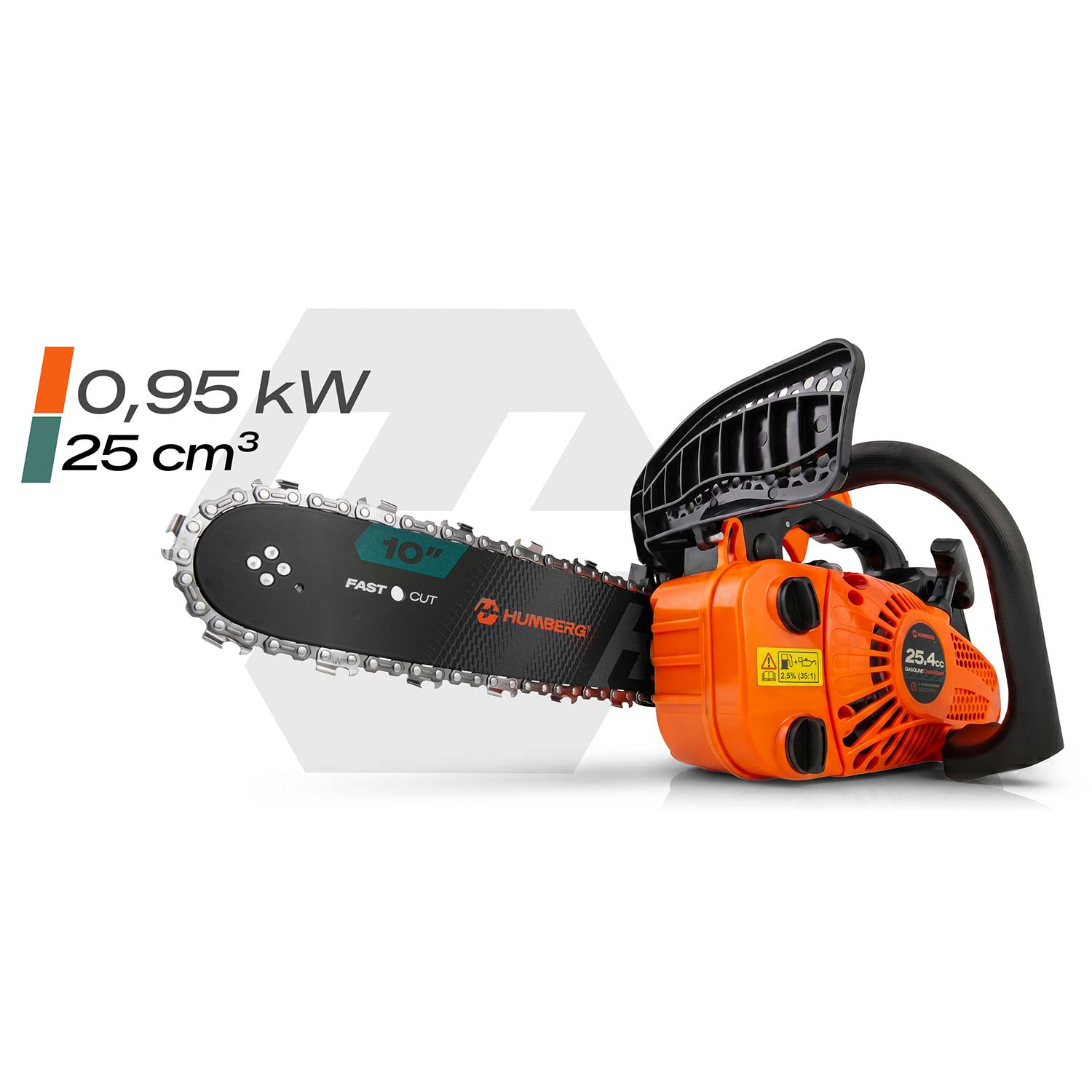 Pomarańczowa piła łańcuchowa z prowadnicą 10 cali, silnik 0,95 kW, 25 cm³.