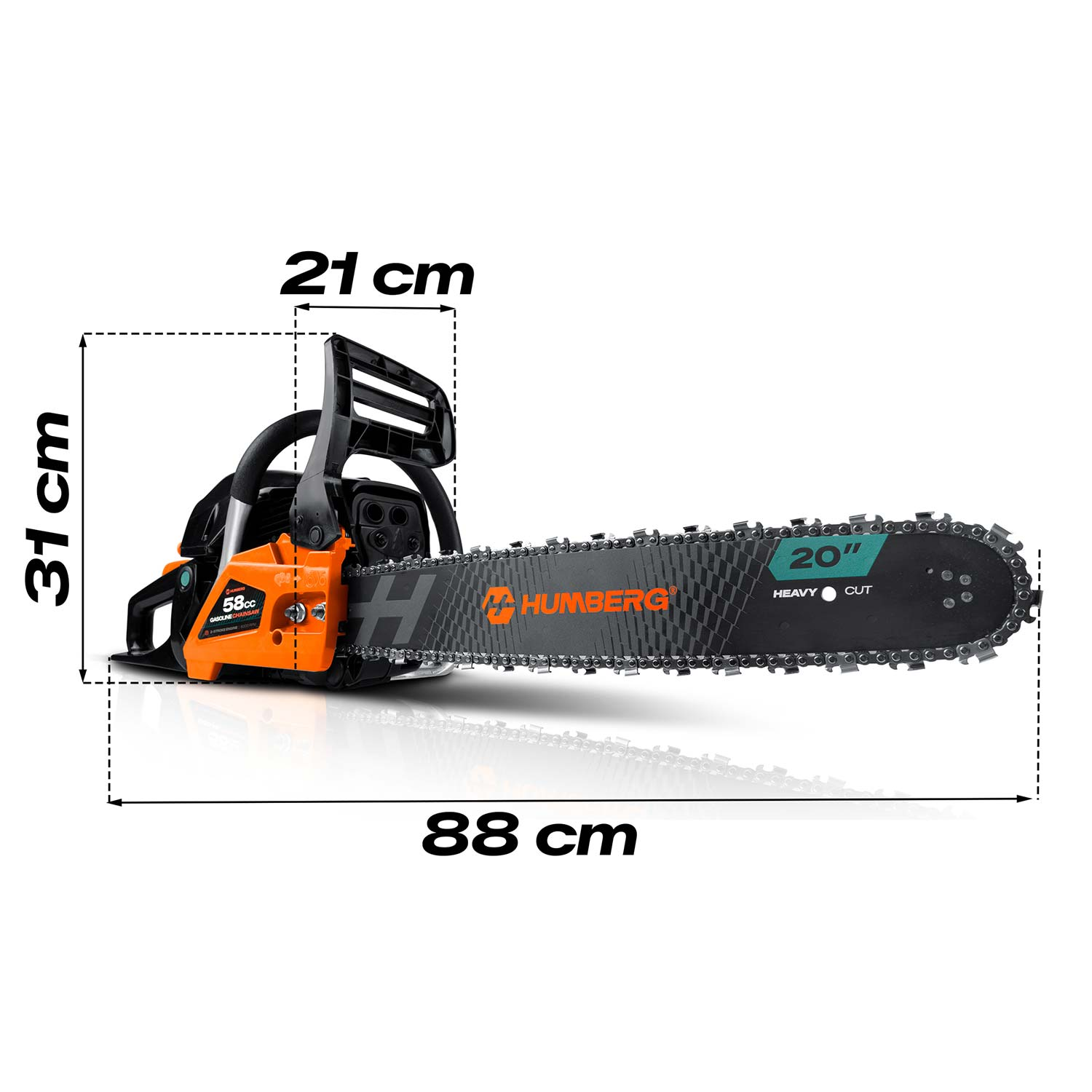 Pomarańczowa piła łańcuchowa z prowadnicą 20 cali, 58cc, długość 88cm, wysokość 31cm.