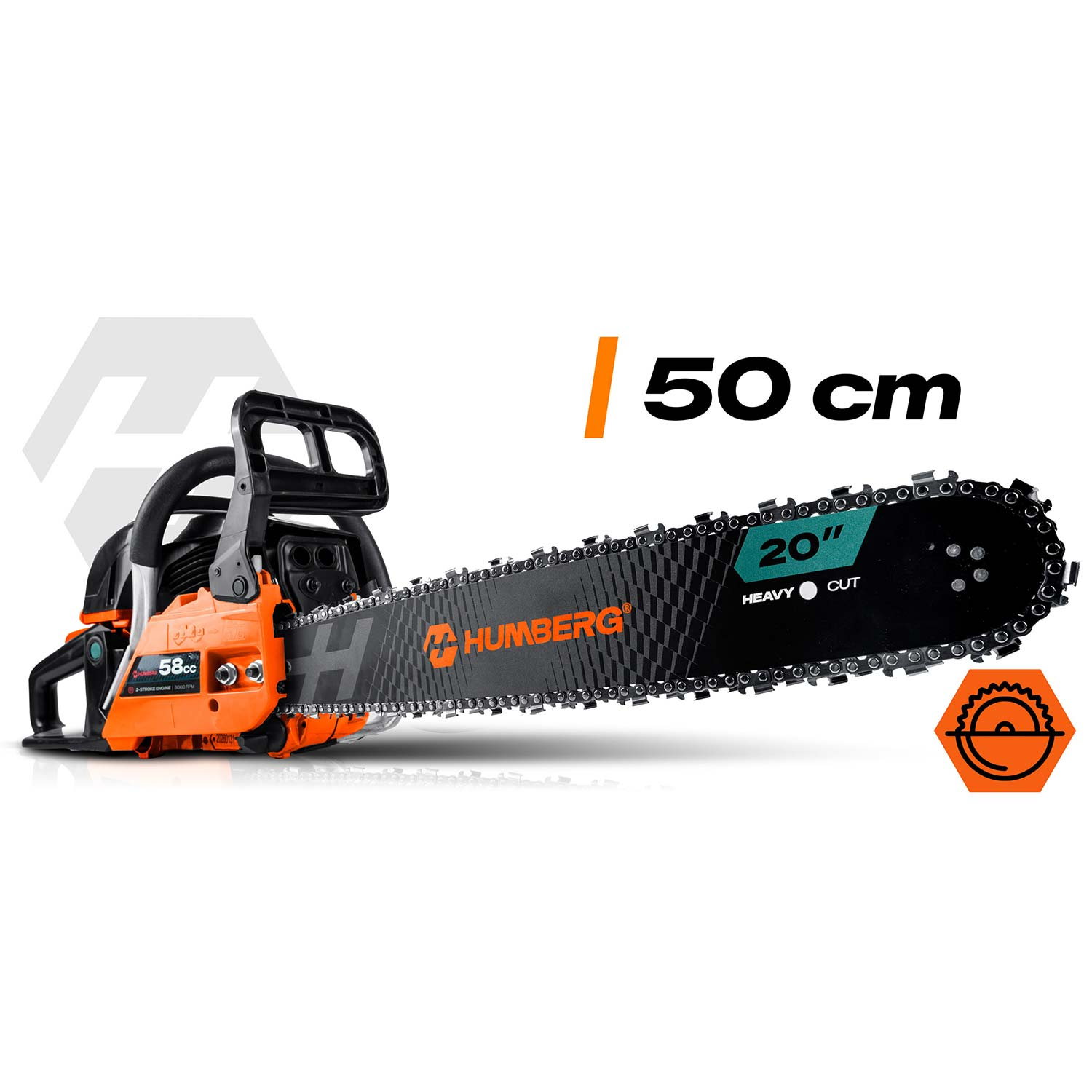 Pomarańczowa piła łańcuchowa z prowadnicą 50cm i silnikiem 58cc.