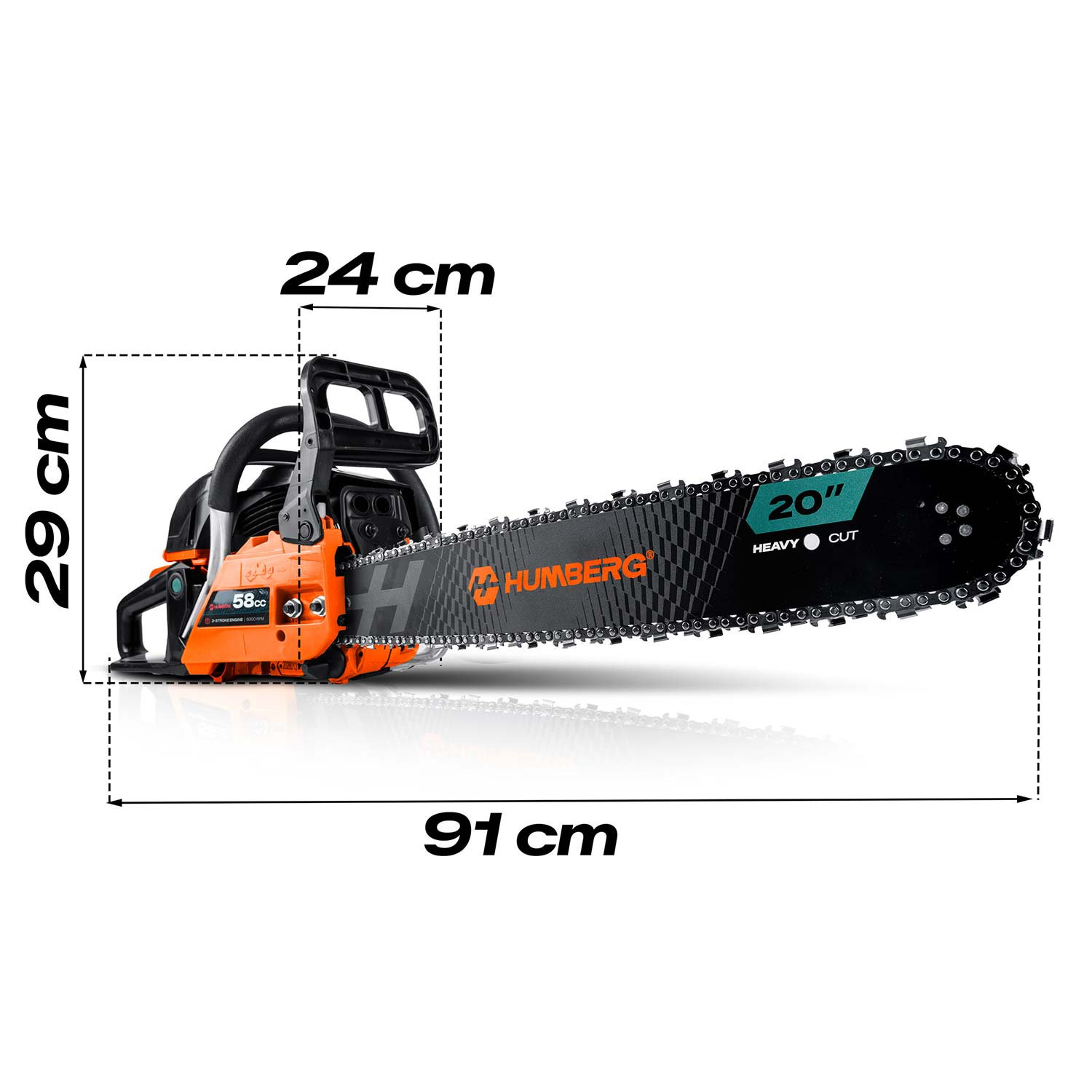 Pomarańczowa piła łańcuchowa o długości 91 cm, wysokości 29 cm i szerokości 24 cm.