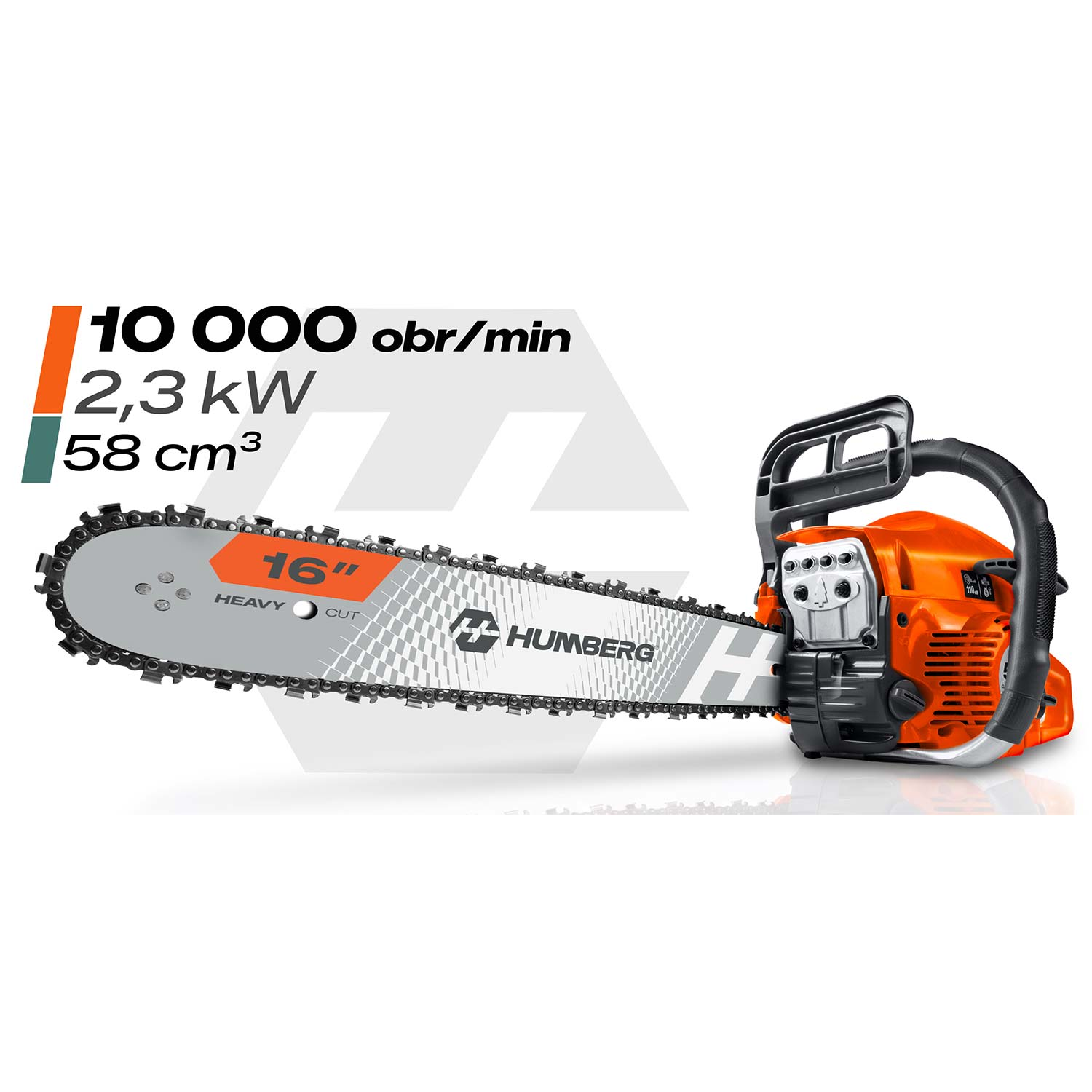 Pomarańczowa piła łańcuchowa z prowadnicą 16 cali, mocą 2,3 kW i poj. 58 cm³.