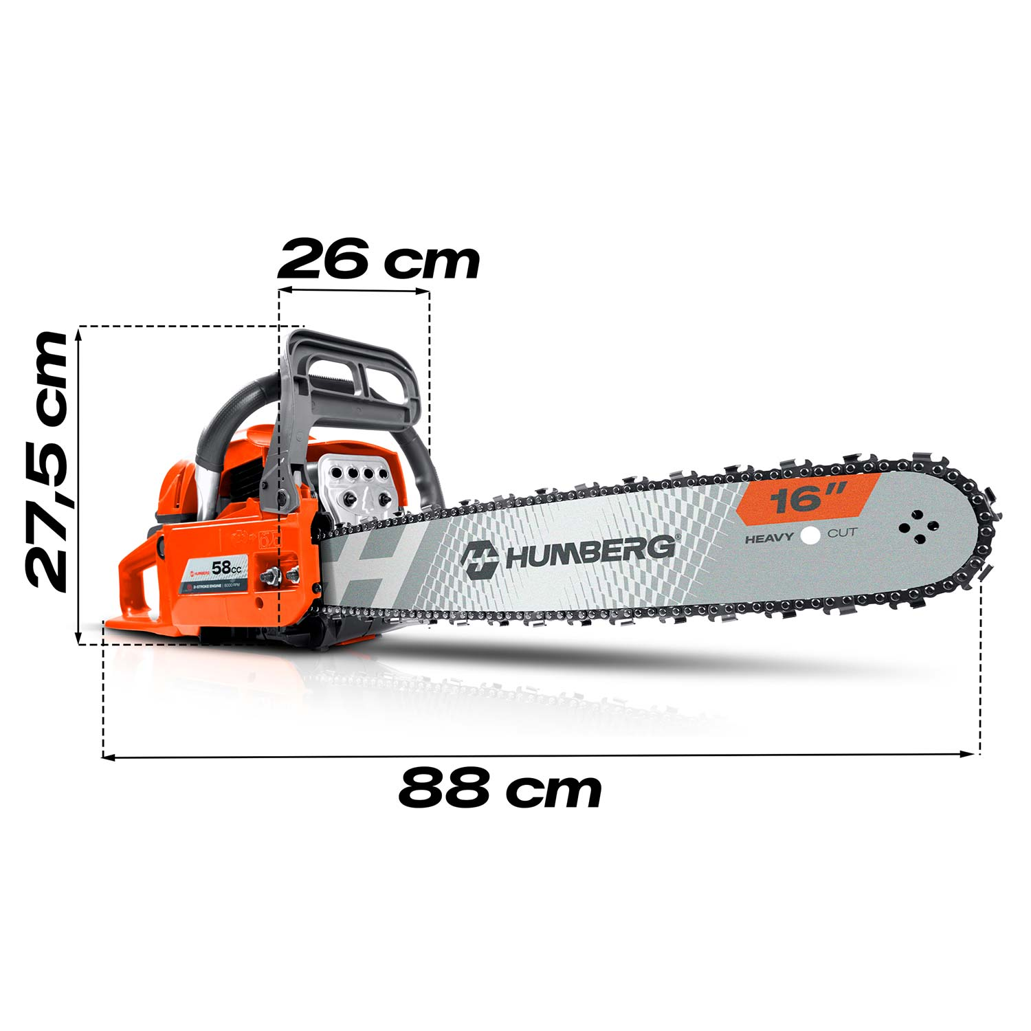 Pomarańczowa i szara piła łańcuchowa o wymiarach 27,5 cm, 26 cm i 88 cm.