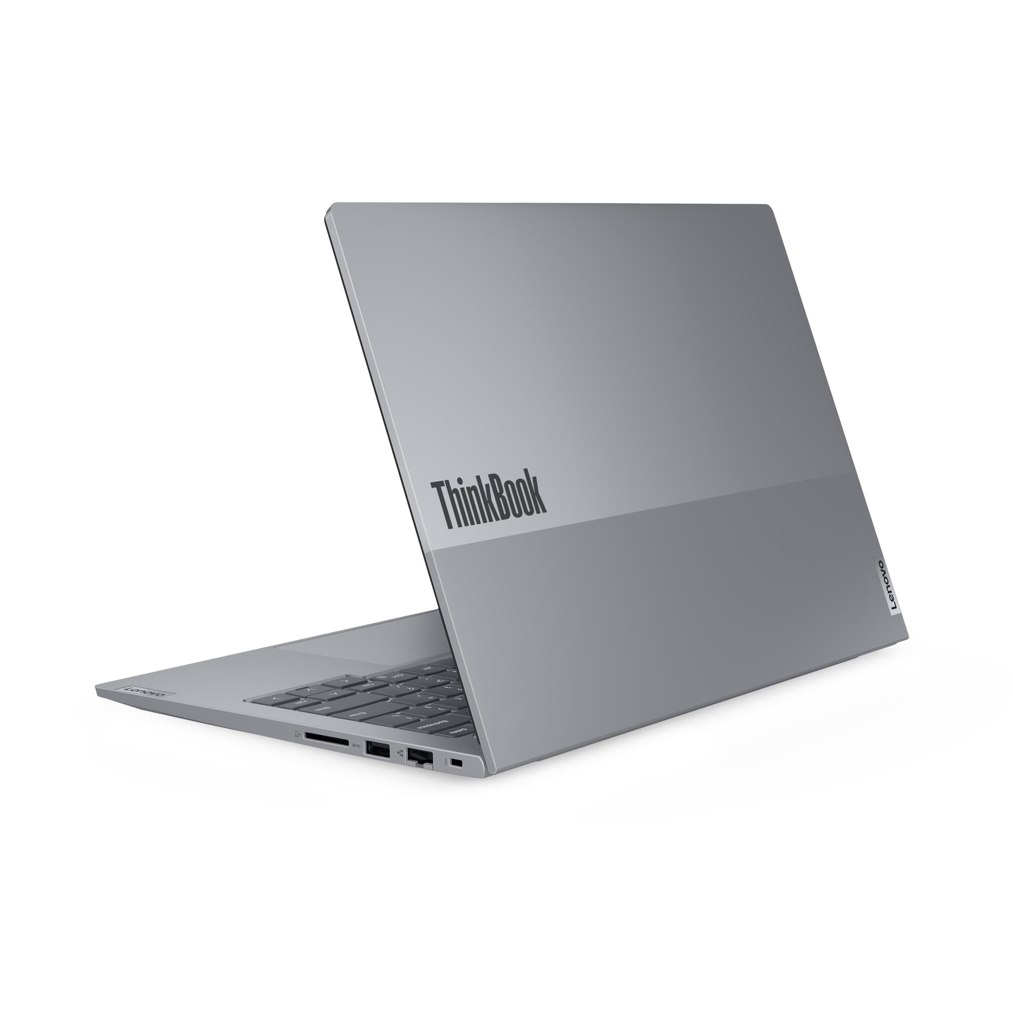 Gri bir Lenovo ThinkBook dizüstü bilgisayar beyaz arka planda açık.