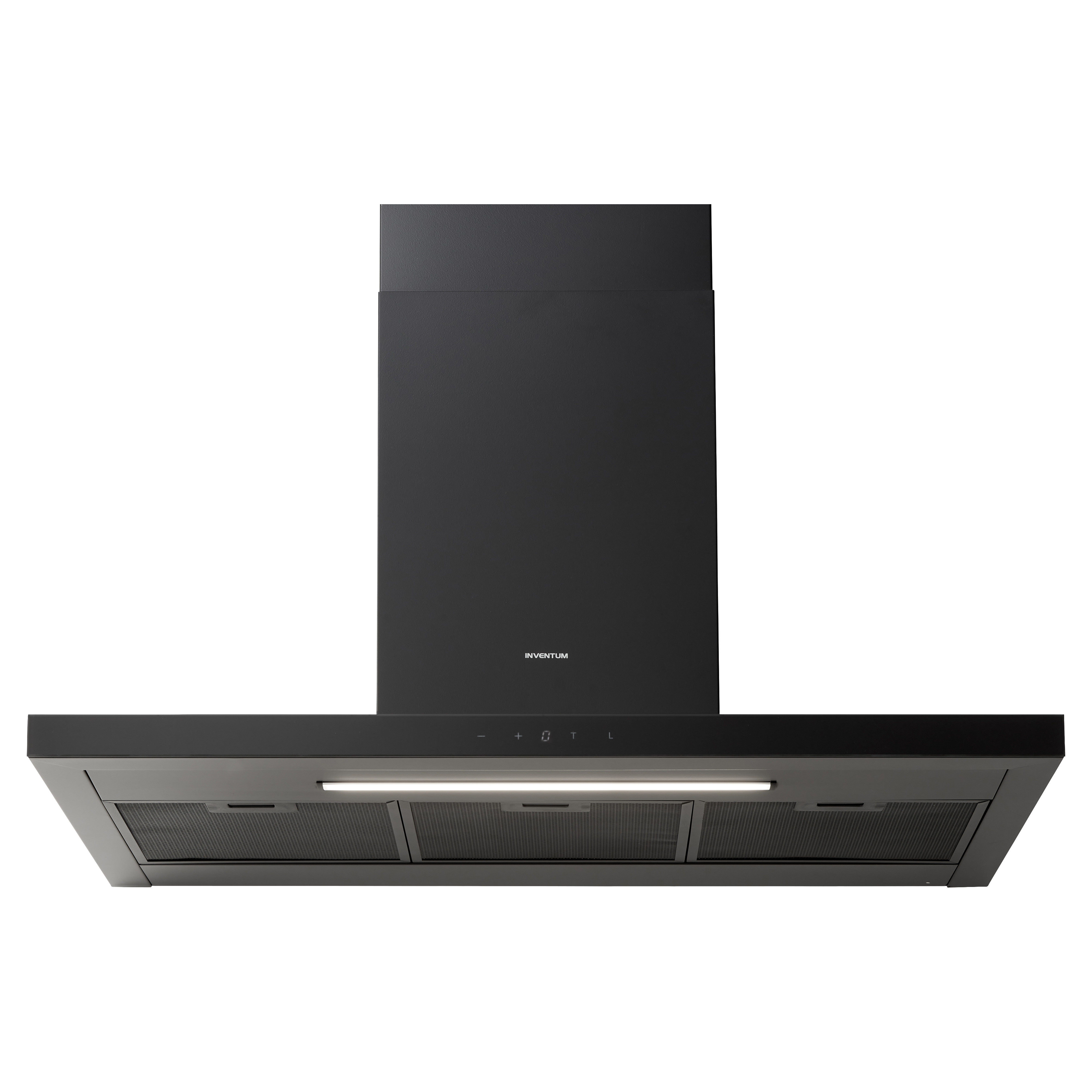 Black cooker hood with touch controls and light.