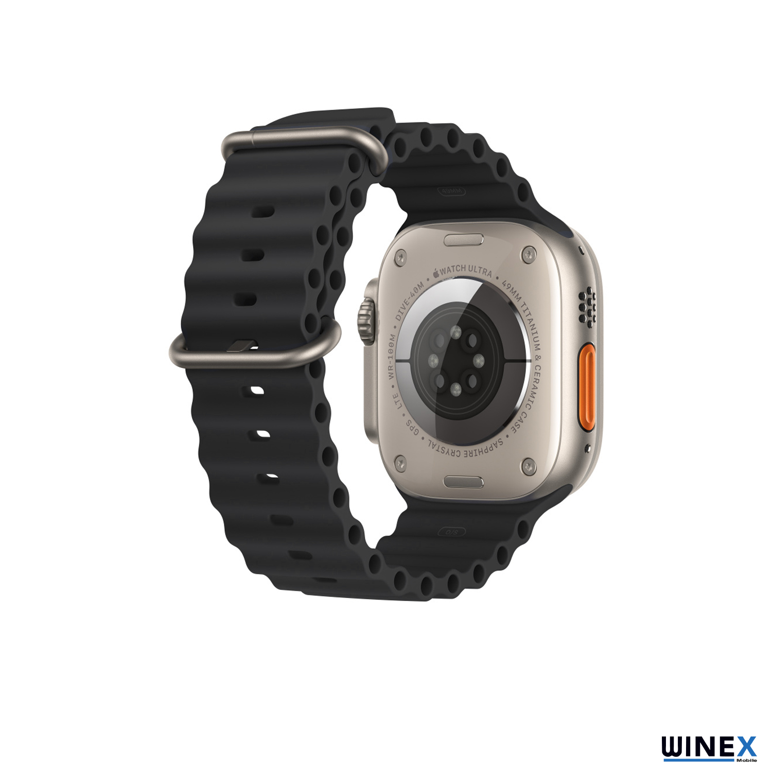Siyah kordonlu gümüş akıllı saatin arka görünümü. Metin: 'Watch Ultra'.