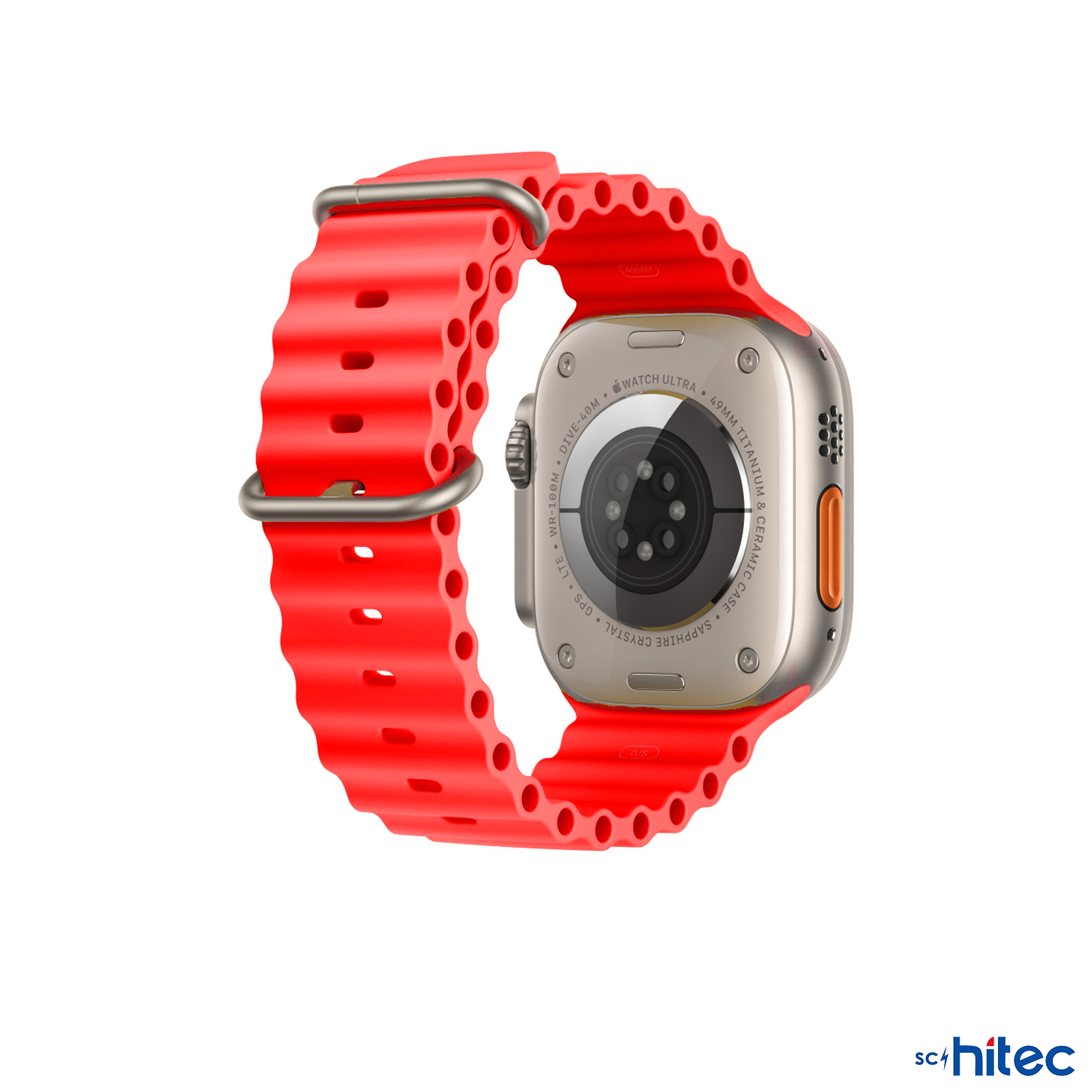 Gümüş kasalı kırmızı Apple Watch Ultra, arkasında gravürler görünüyor.