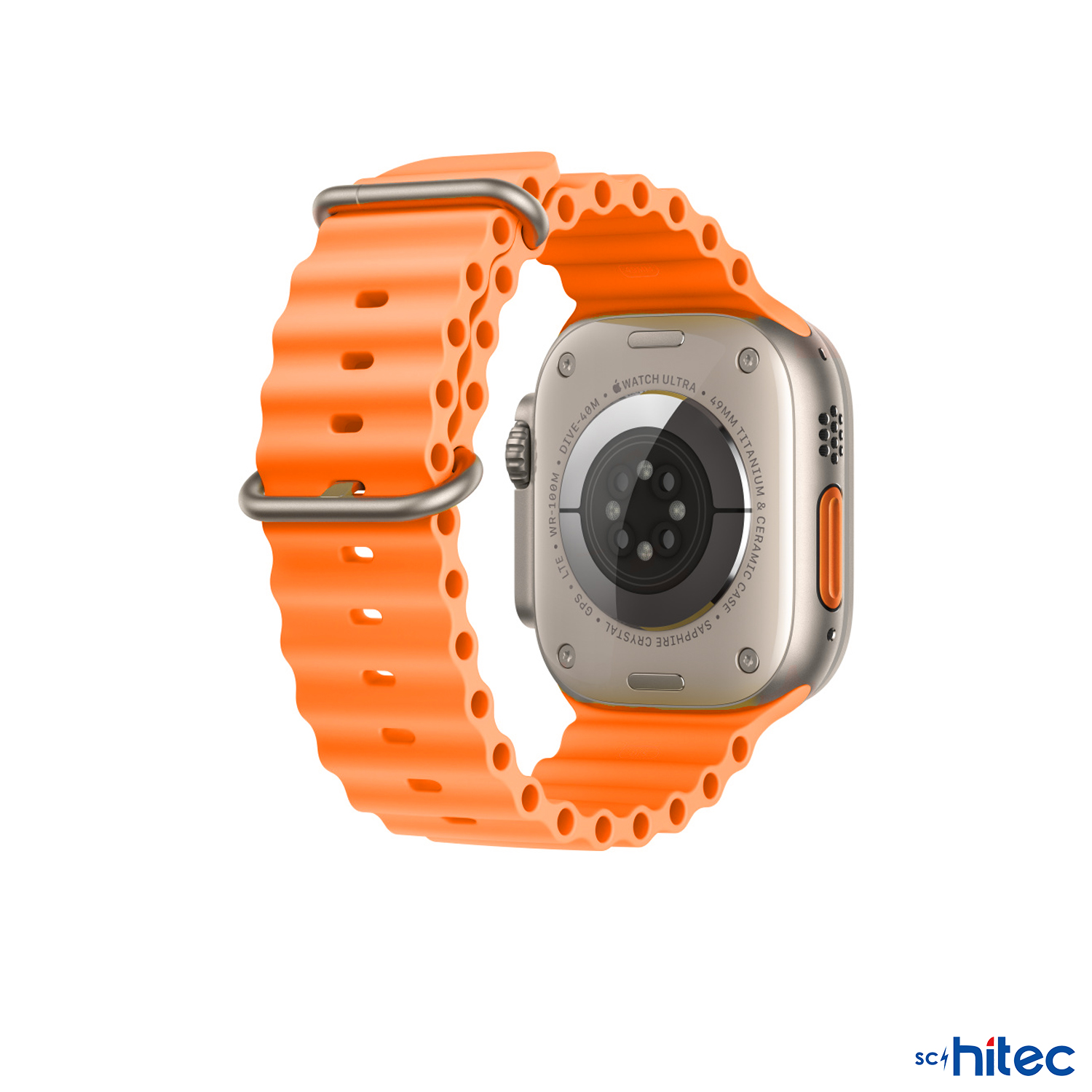 Turuncu spor kordonlu gümüş Apple Watch Ultra. Arka yüzü görünür.