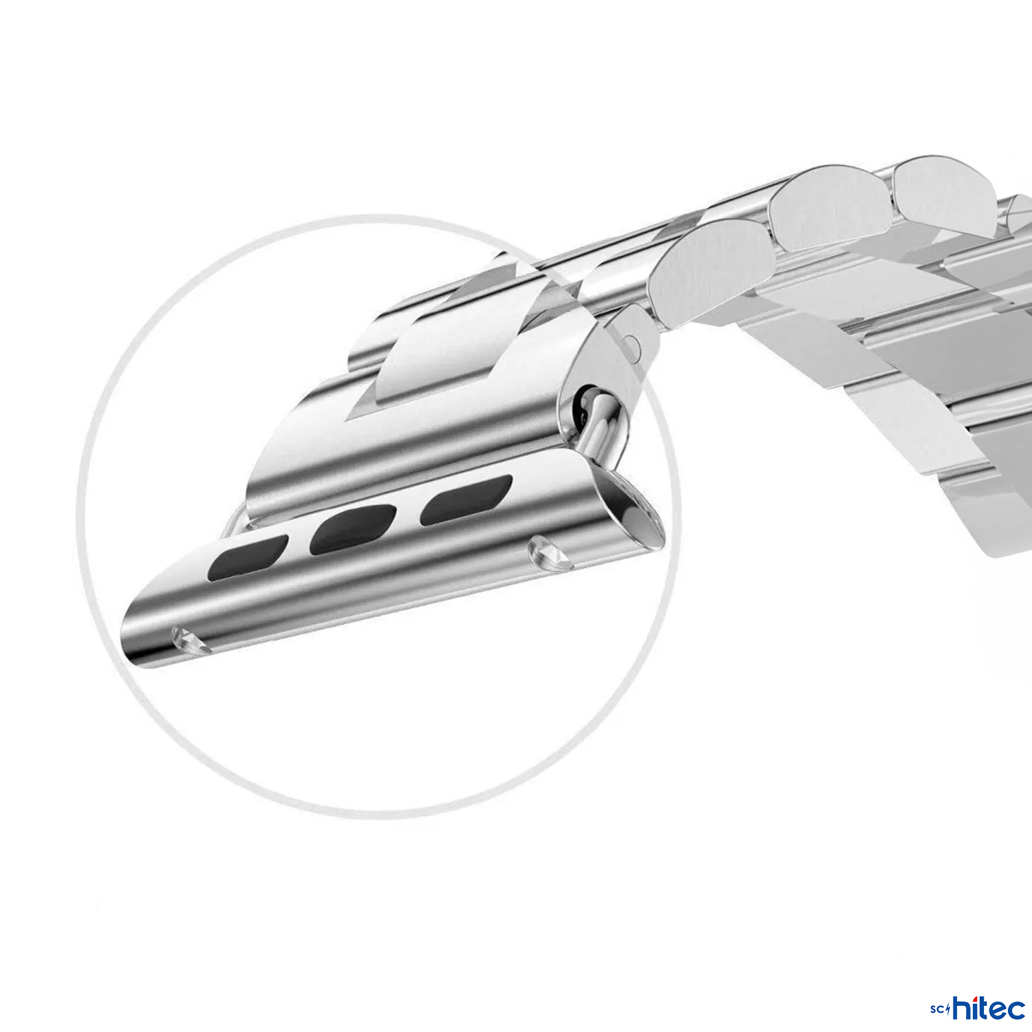 Gümüş metal saat kordonunun yakından görünümü, halkalar ve toka detayı.