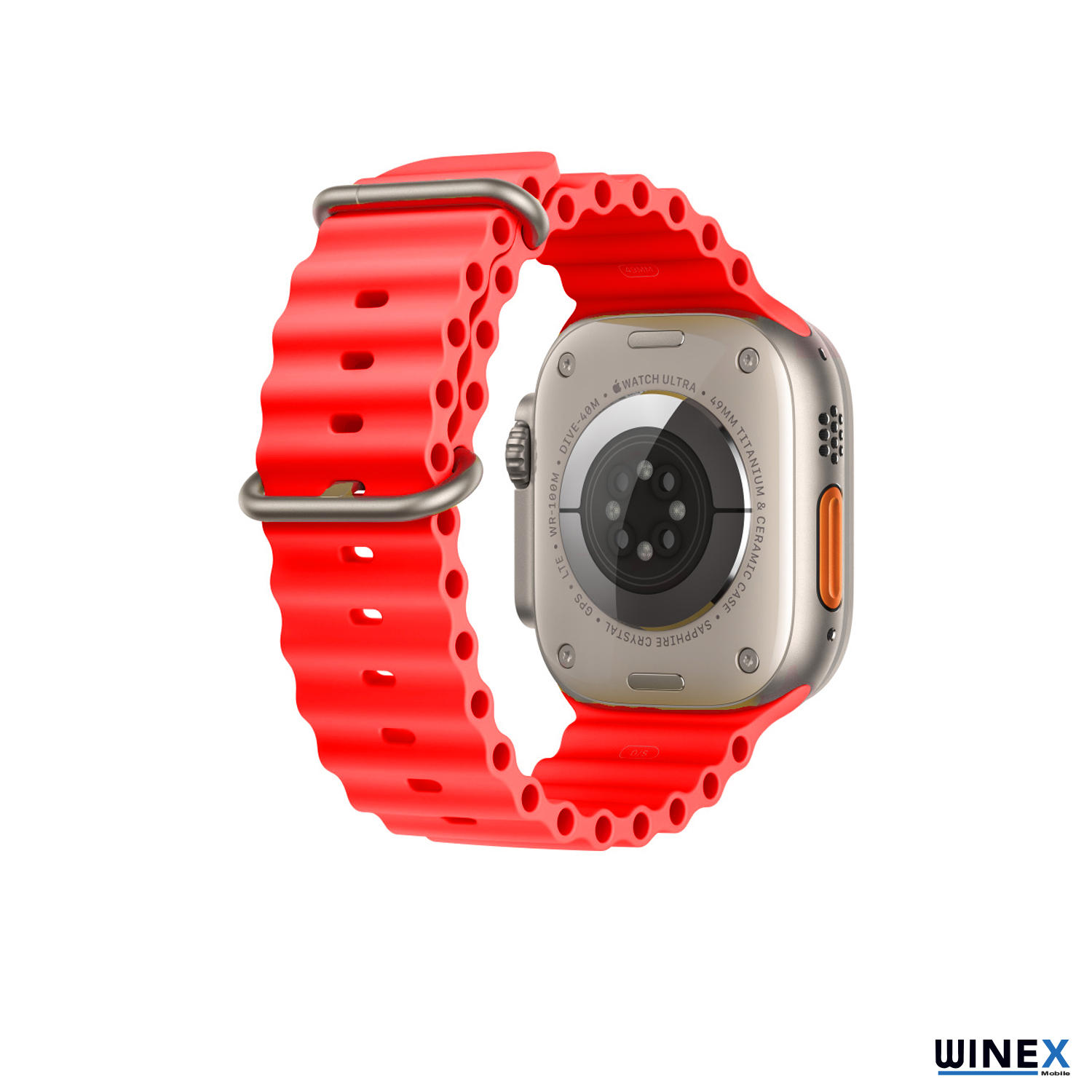 Kırmızı spor kordonlu gümüş Apple Watch Ultra, saatin arkası gösteriliyor.