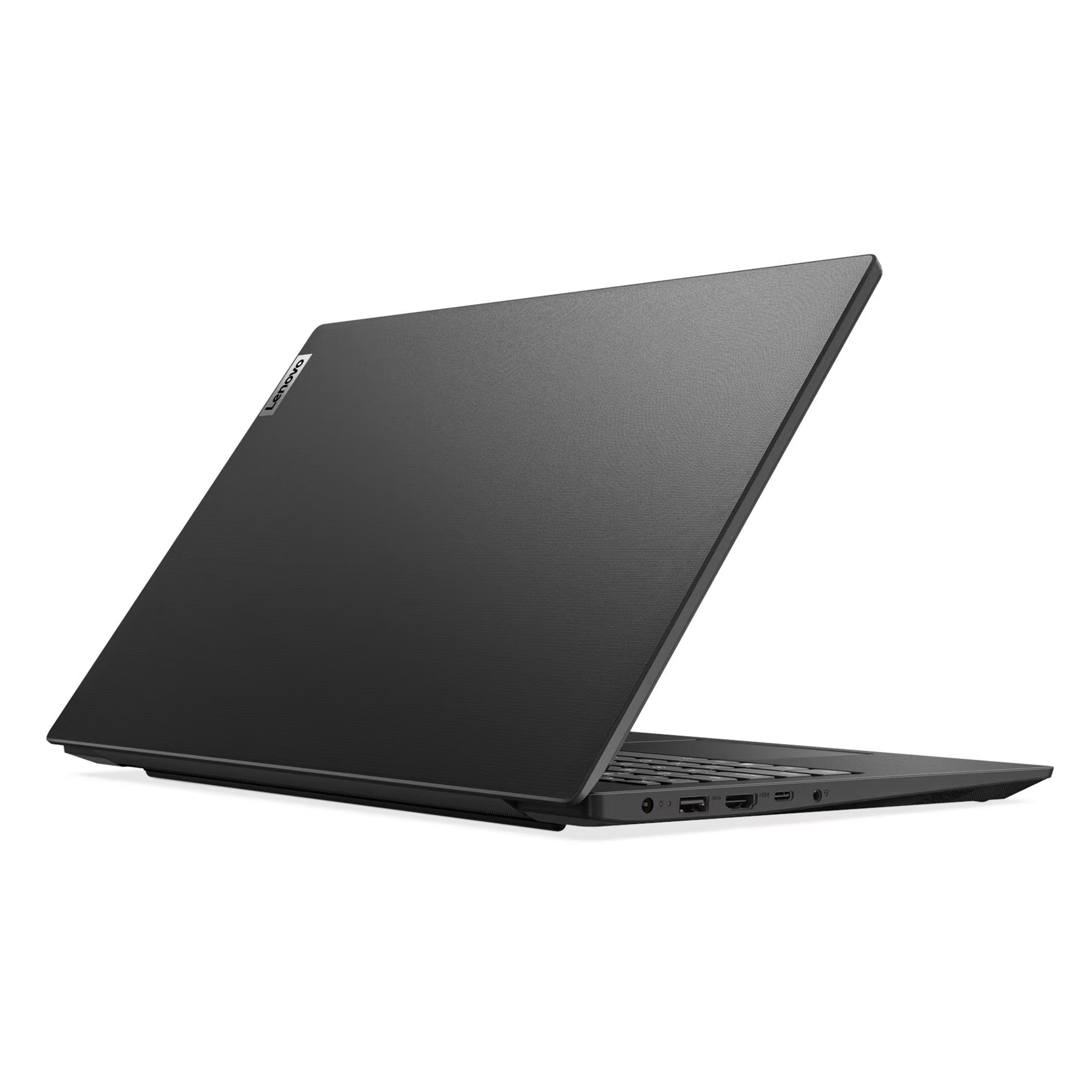 Yan taraftan görünen, kapağı açık, kapalı siyah bir Lenovo dizüstü bilgisayar.