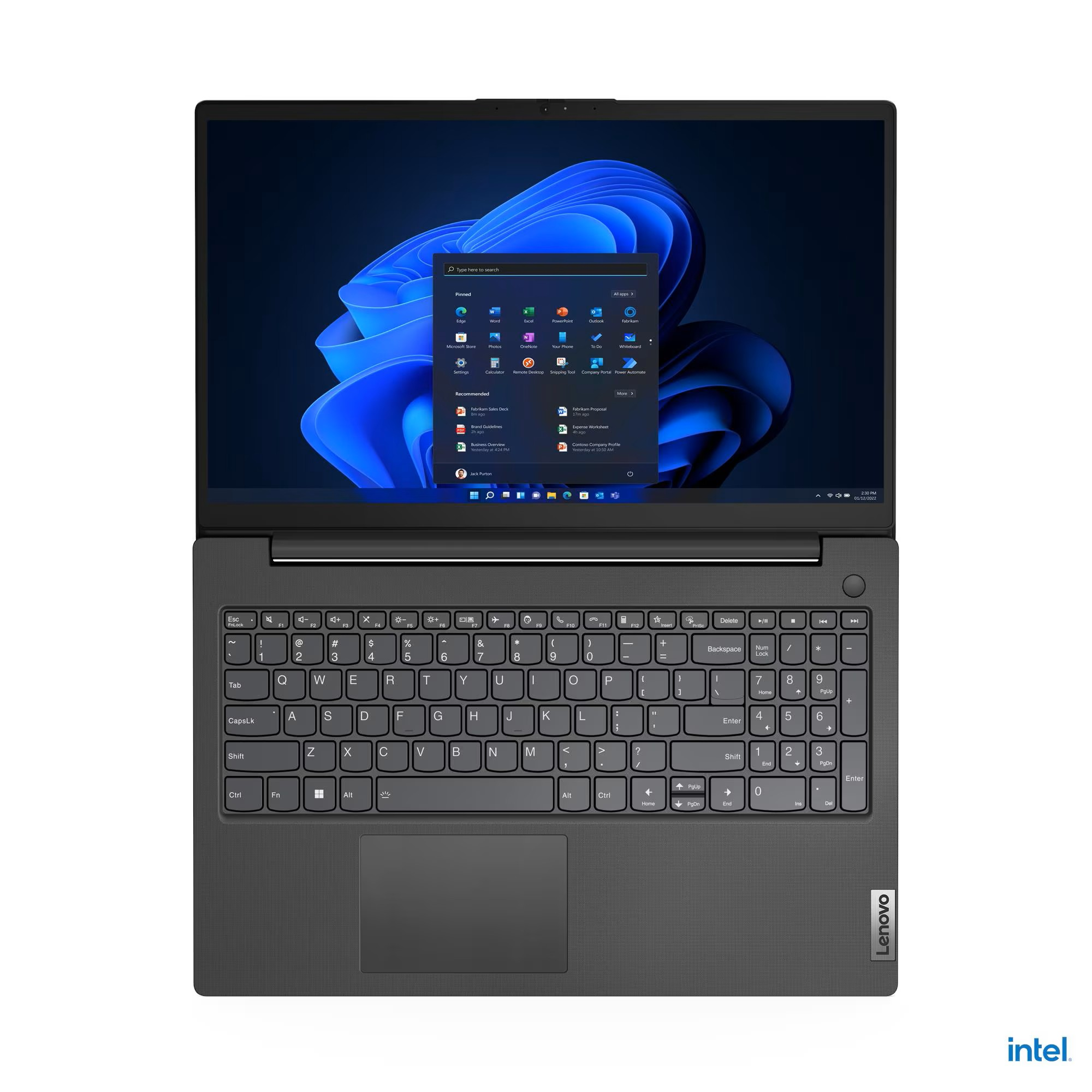 Windows 11 Başlat menüsü ve klavyesi açık bir dizüstü bilgisayar.