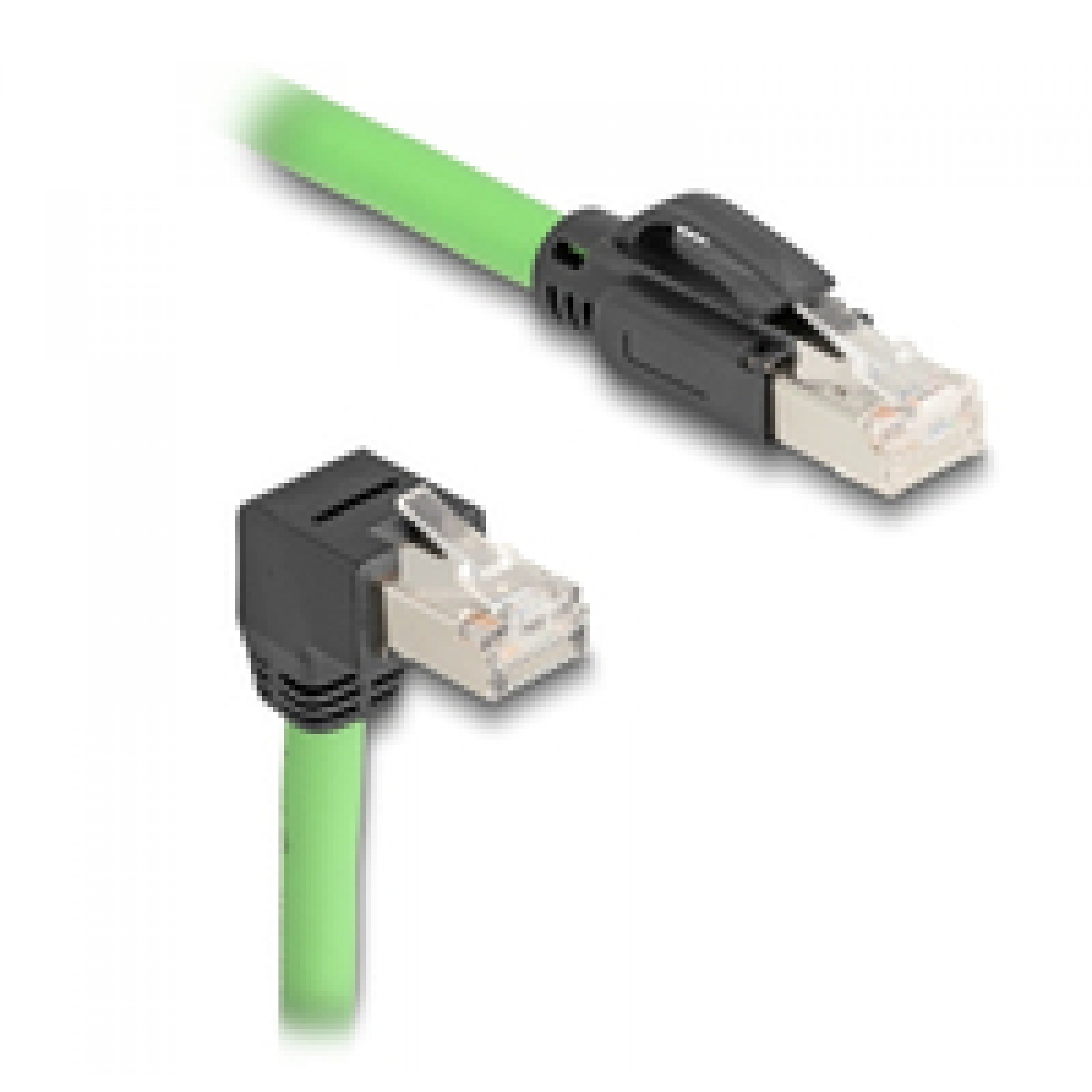 Un cavo di rete verde con due connettori RJ45, uno dritto e uno angolato.