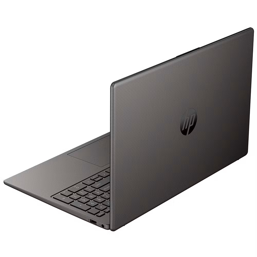 Kapalı koyu gri HP dizüstü bilgisayar, dokulu kasa ve logo.