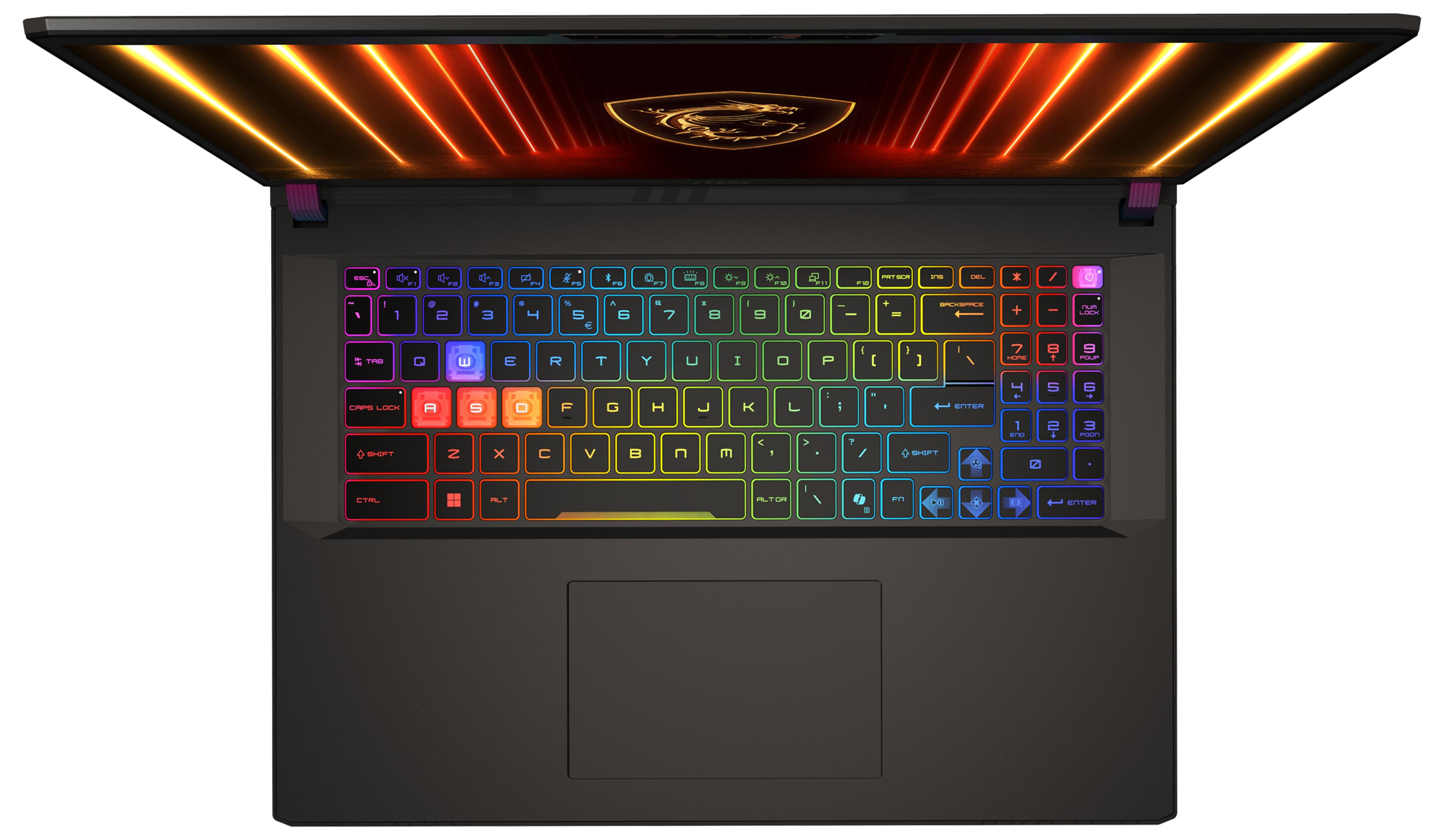 Ein geöffneter Laptop mit beleuchteter Tastatur und MSI-Logo auf dem Bildschirm.
