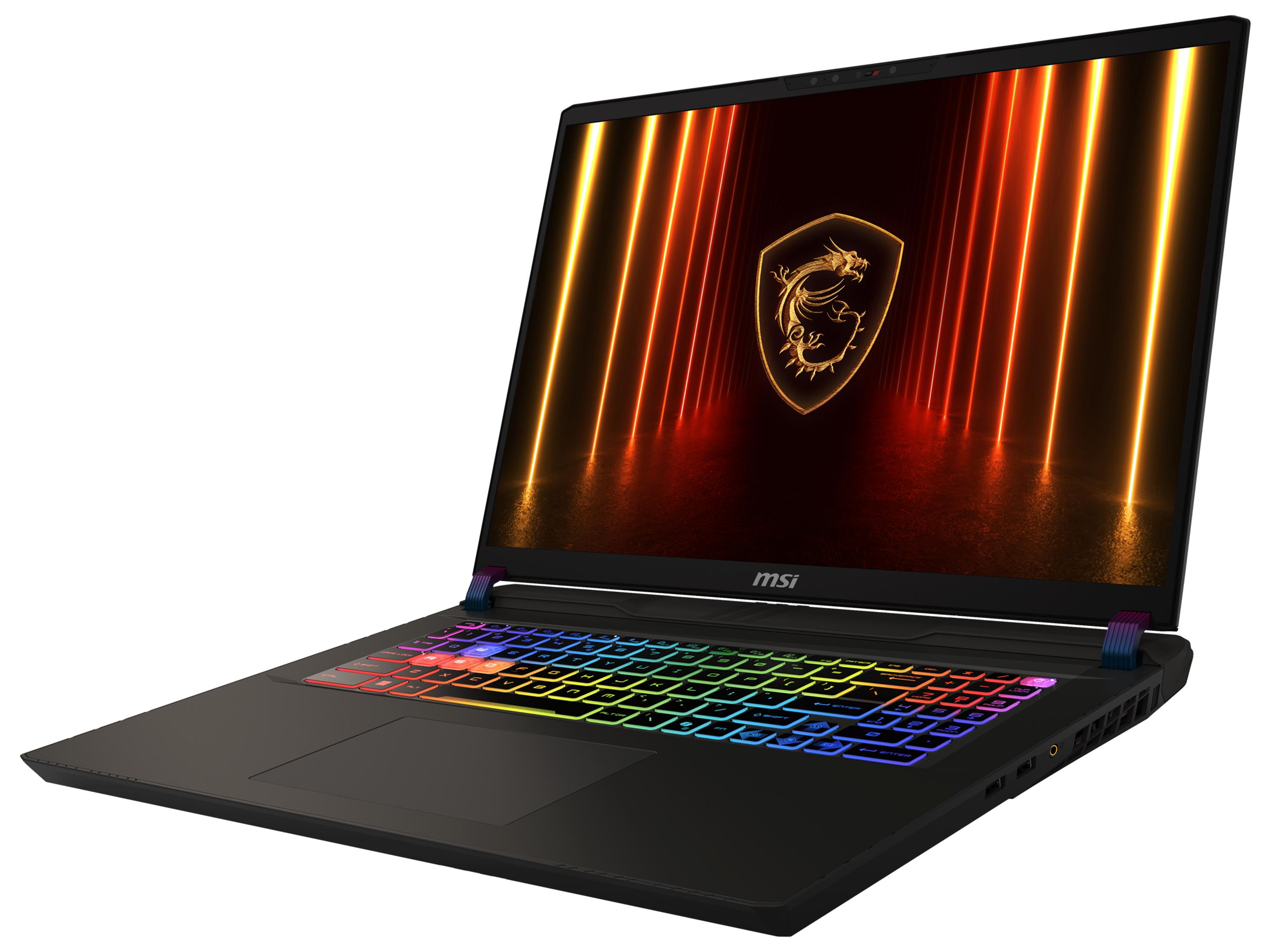 Ein schwarzer MSI-Laptop mit beleuchteter Tastatur und einem Drachenwappen-Logo auf dem Bildschirm.