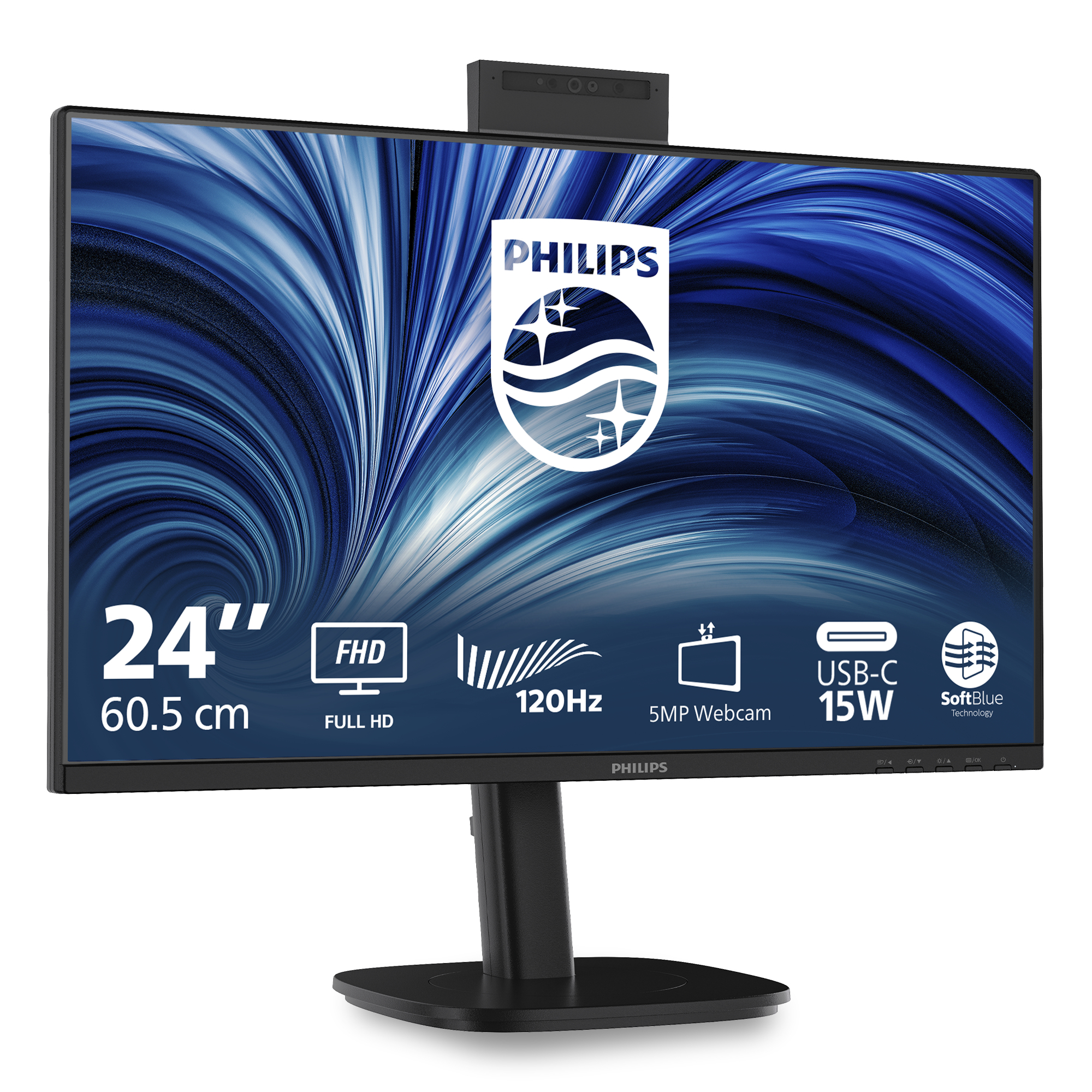 Monitor Philips nero sfondo blu, 24 pollici, FHD, 120Hz.