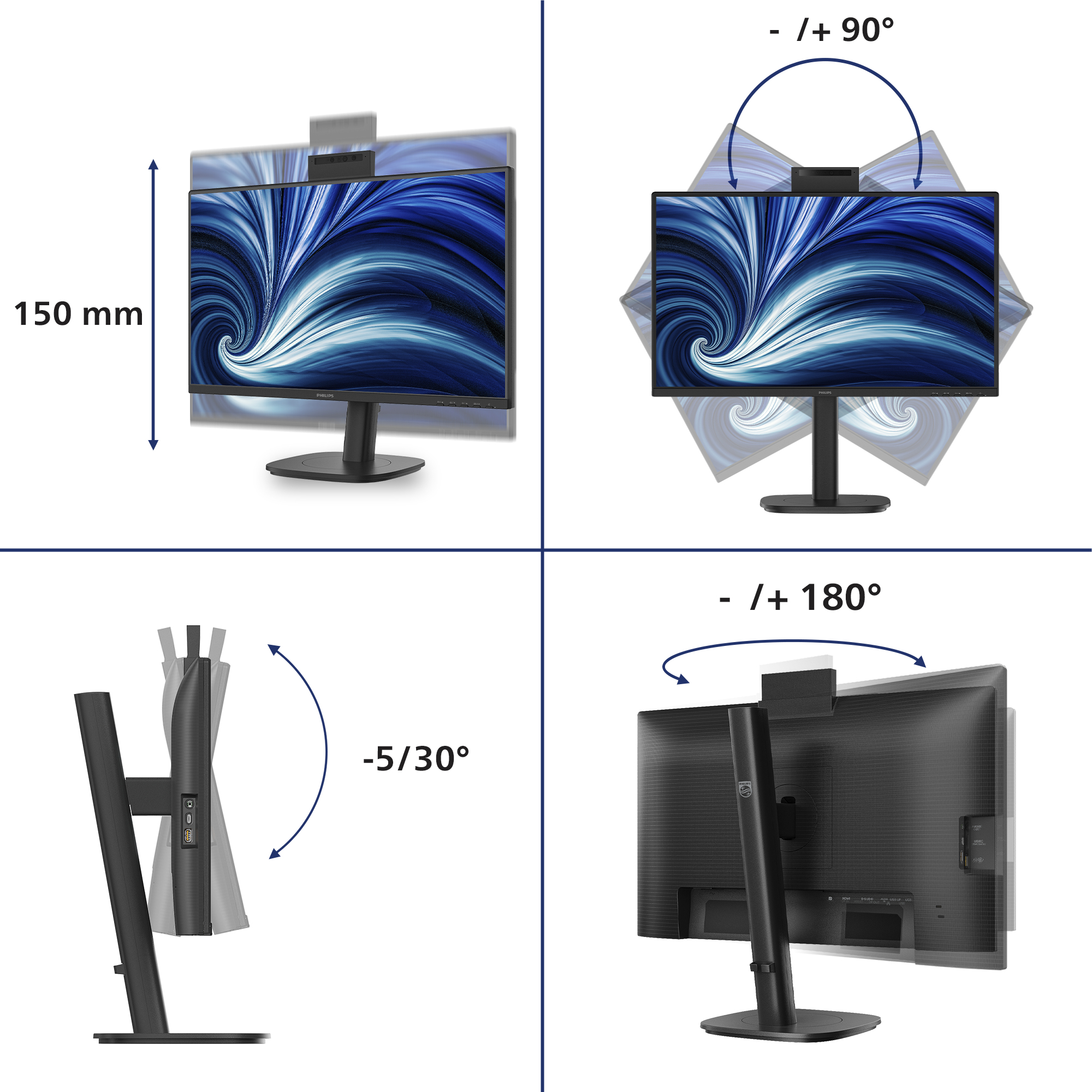 Monitor con funzioni girevoli, basculanti e di perno. Altezza 150 mm.