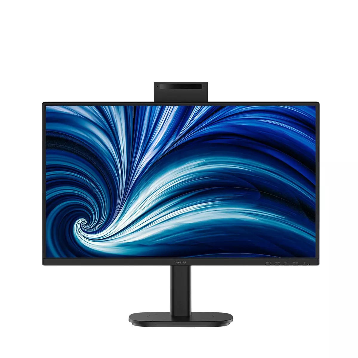 Monitor nero con sfondo vorticoso blu, con una fotocamera in cima.