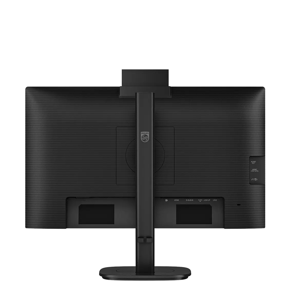 Retro di un monitor nero con supporto e porte come HDMI e USB-C.