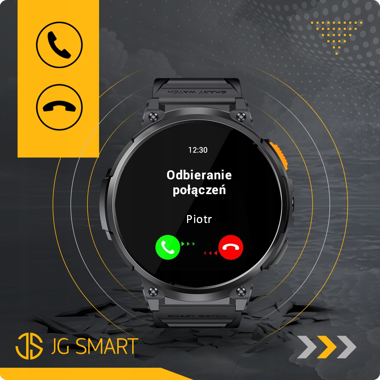 Smartwatch wyświetla połączenie przychodzące od Piotra. Ikony do odebrania i odrzucenia.