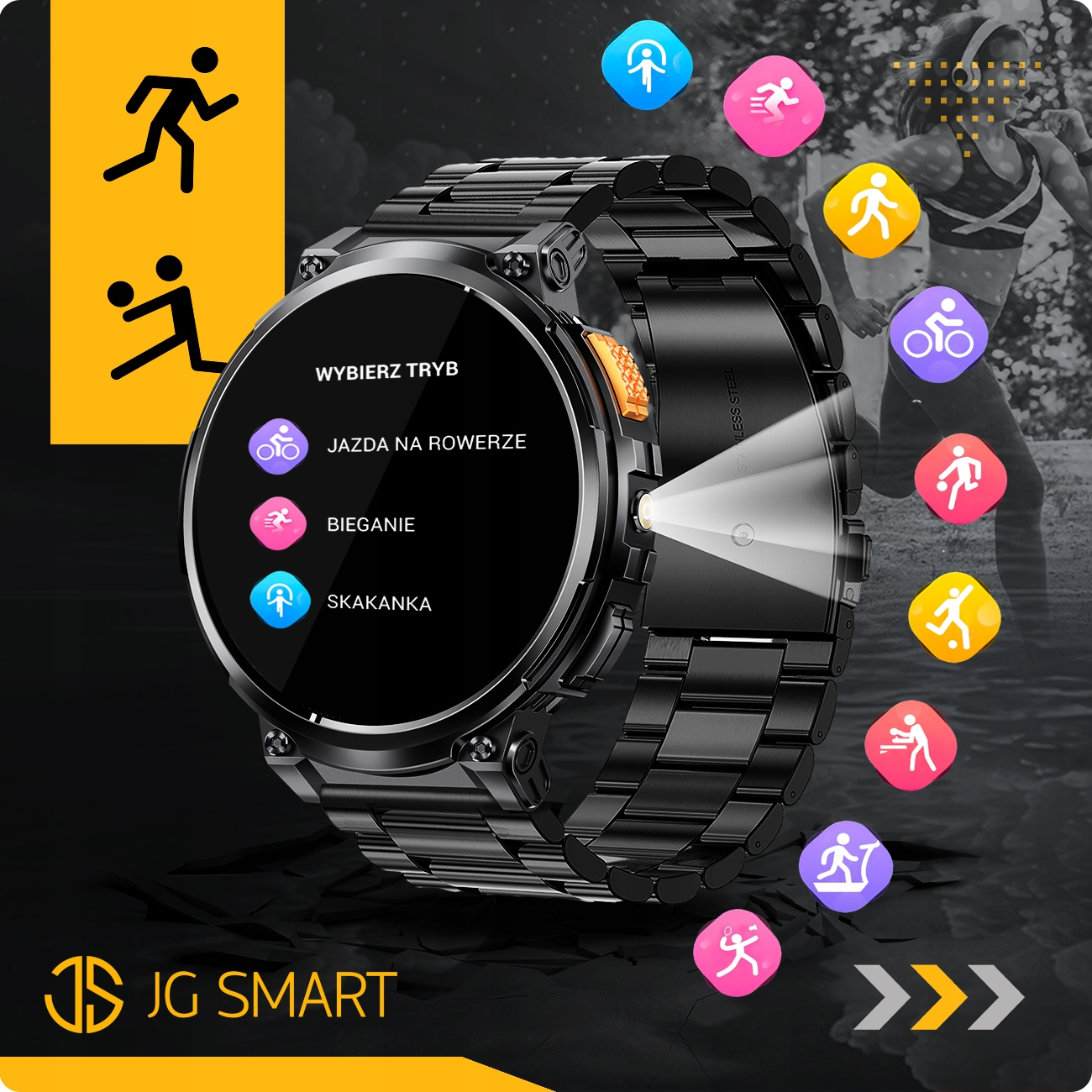 Czarny smartwatch wyświetla tryby sportowe z ikonami i postaciami biegaczy.