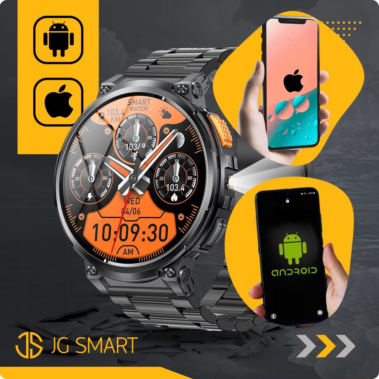 Smartwatch z pomarańczową tarczą, obok iPhone'a i telefonu Android.
