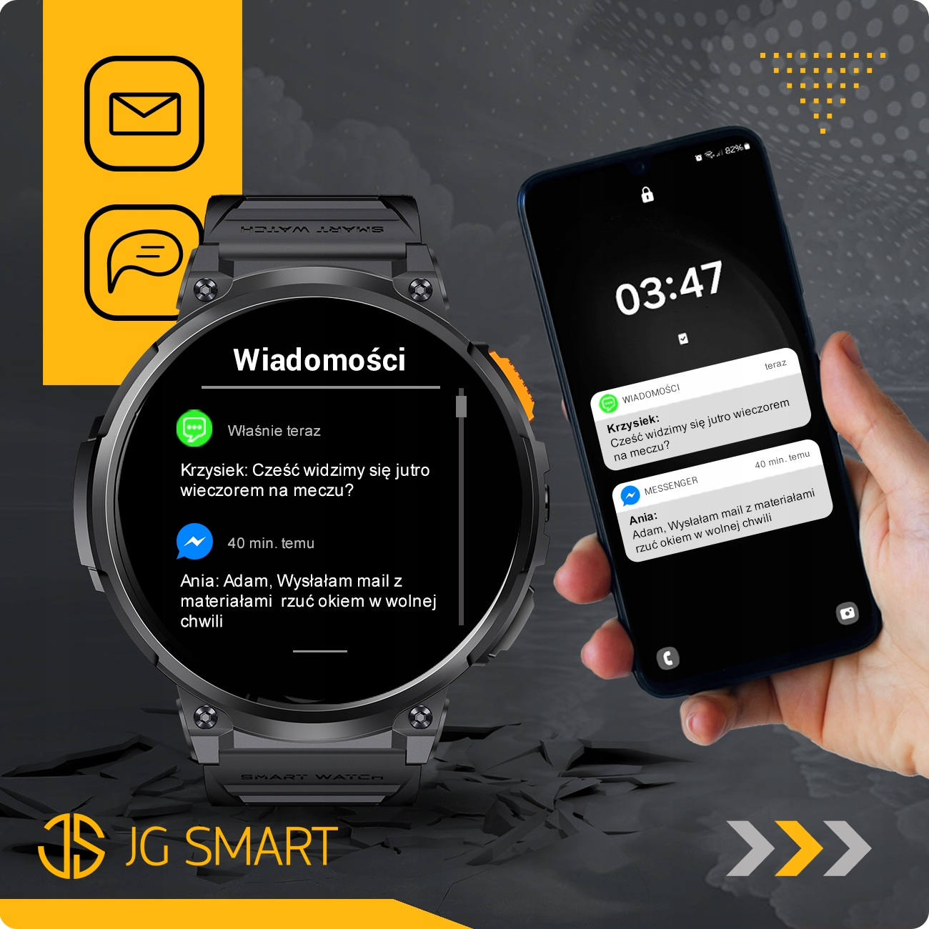 Smartwatch i smartfon wyświetlają wiadomości. Smartwatch z ikonami czatu. Smartfon pokazuje godzinę 03:47.