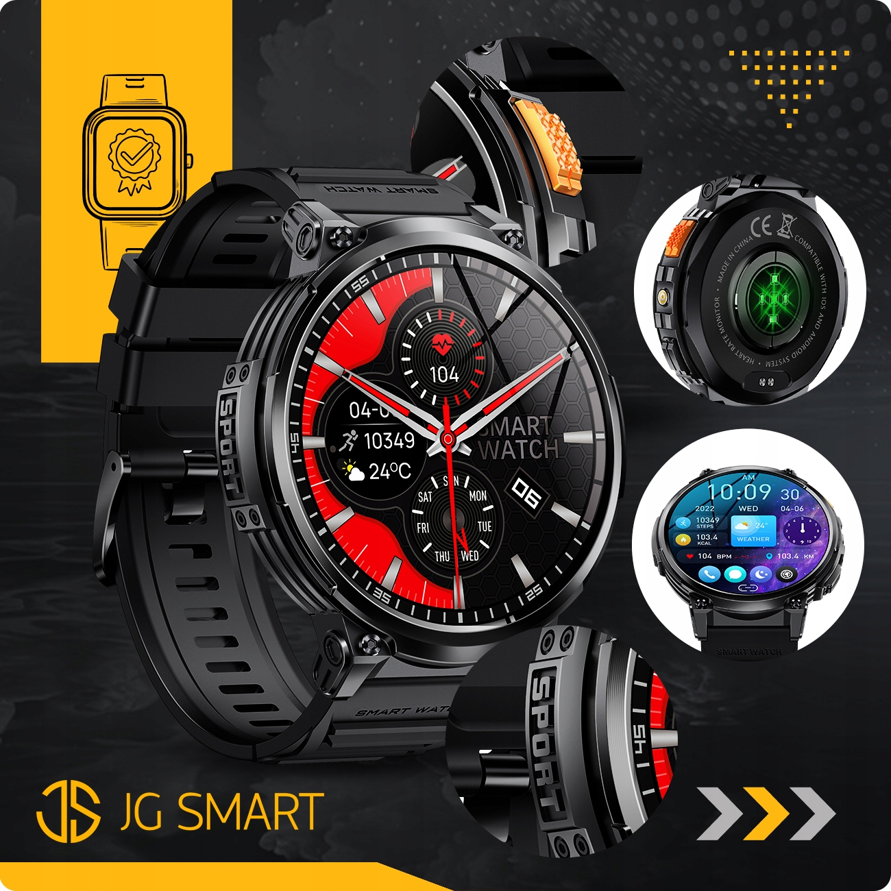 Czarny smartwatch z czerwoną tarczą. Wyświetla czas, kroki, tętno i pogodę.