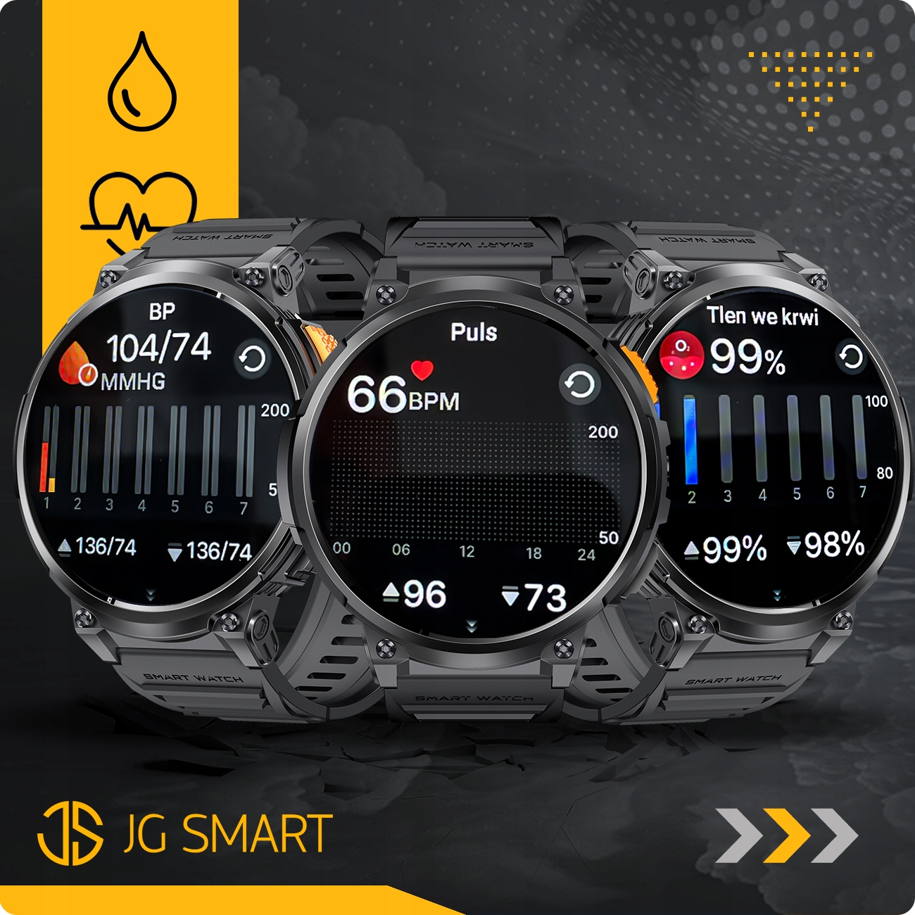 Trzy smartwatche pokazują dane zdrowotne: ciśnienie, tętno i poziom tlenu we krwi.