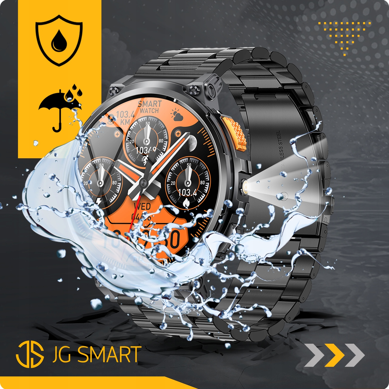 Czarny smartwatch z pomarańczową tarczą, ochlapany wodą.