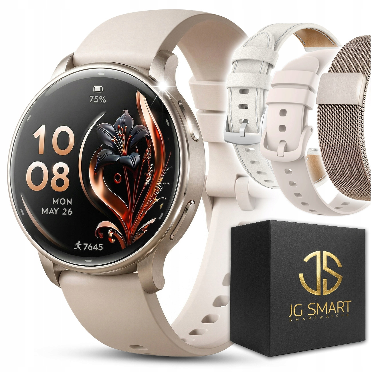 Beżowy smartwatch z kwiatową tarczą i trzema zapasowymi paskami.