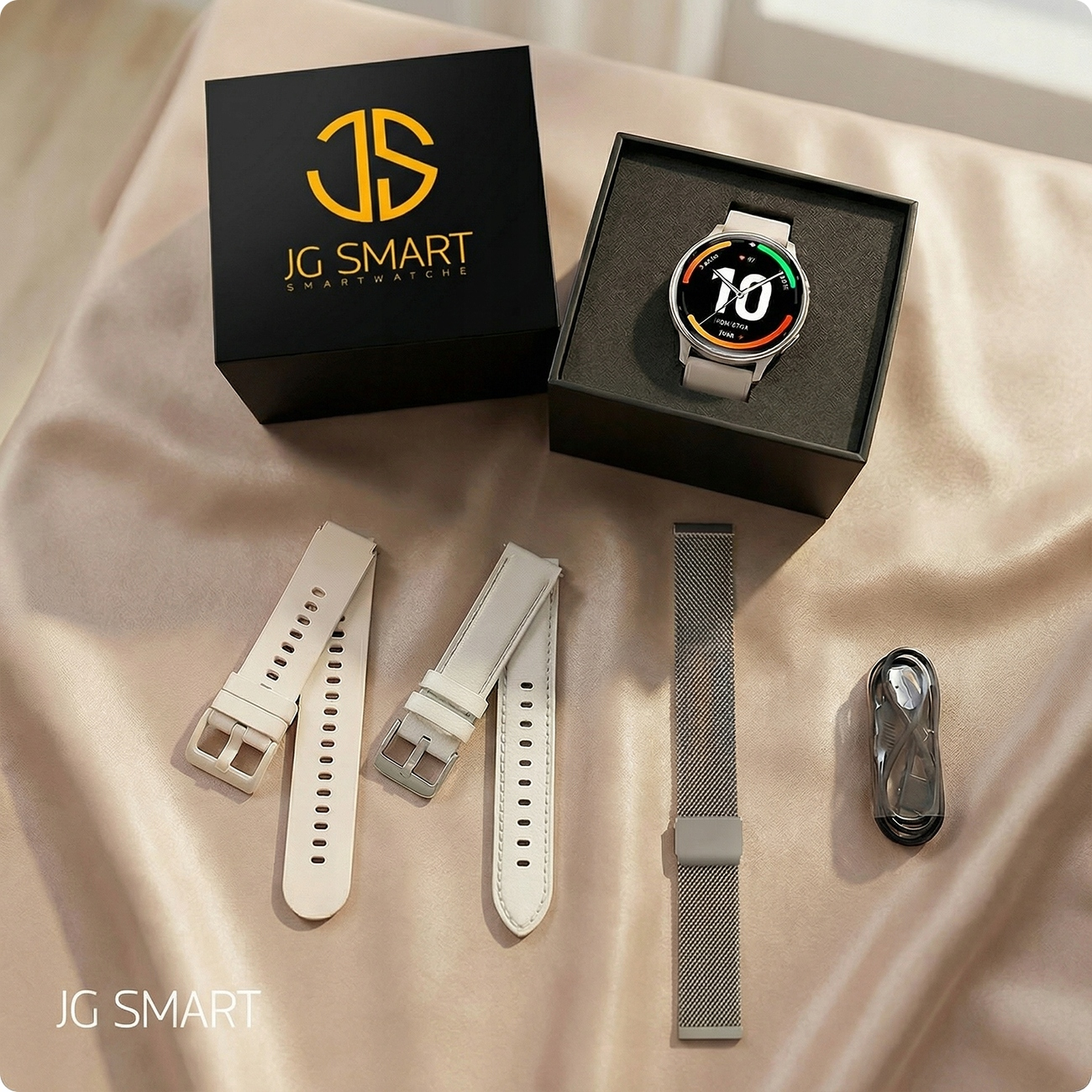 Smartwatch z akcesoriami: pudełko, paski, metalowa bransoleta, kabel ładujący.