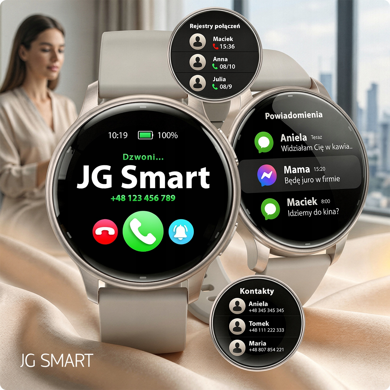 Smartwatch z jasnoszarym paskiem wyświetla połączenia, powiadomienia i kontakty.