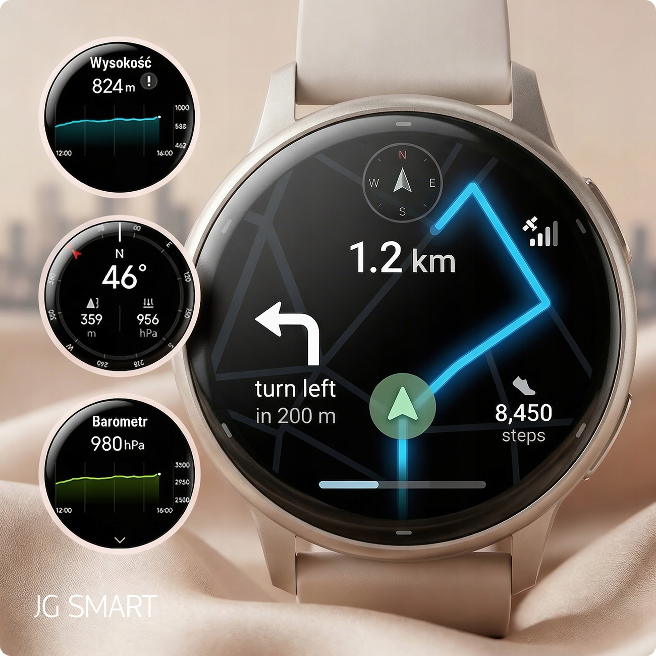 Smartwatch pokazujący nawigację, wysokość, kompas, barometr i kroki.