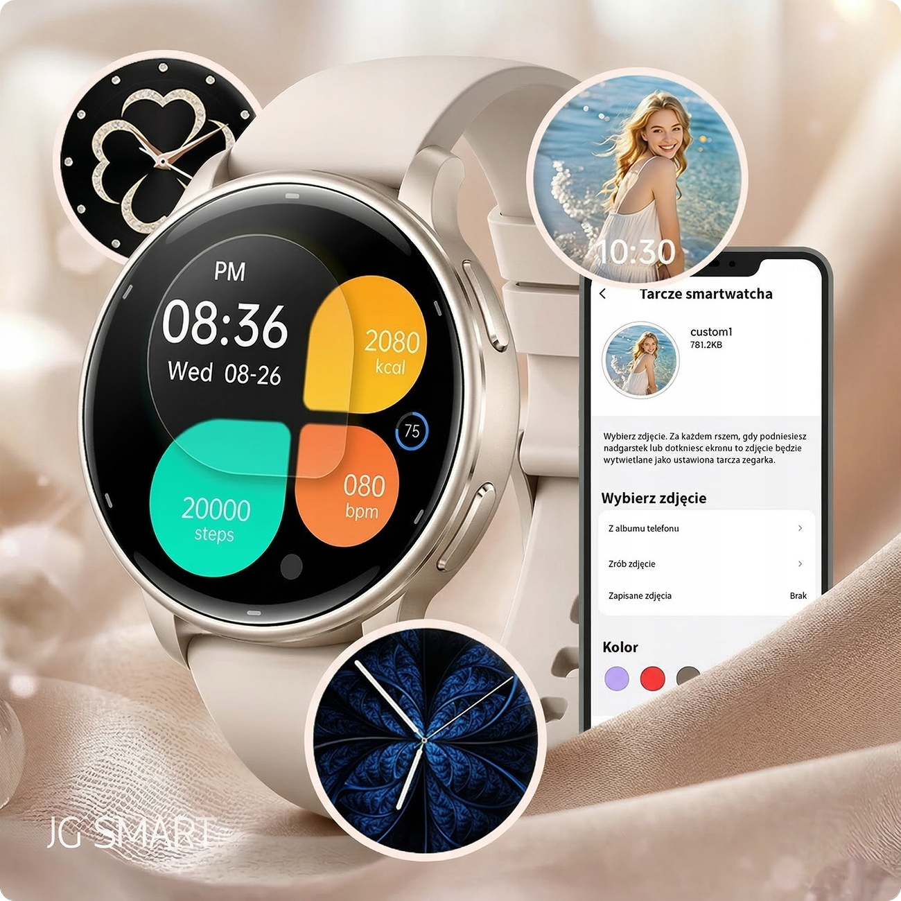 Jasny smartwatch wyświetlający na ekranie godzinę, kroki, kalorie i tętno.