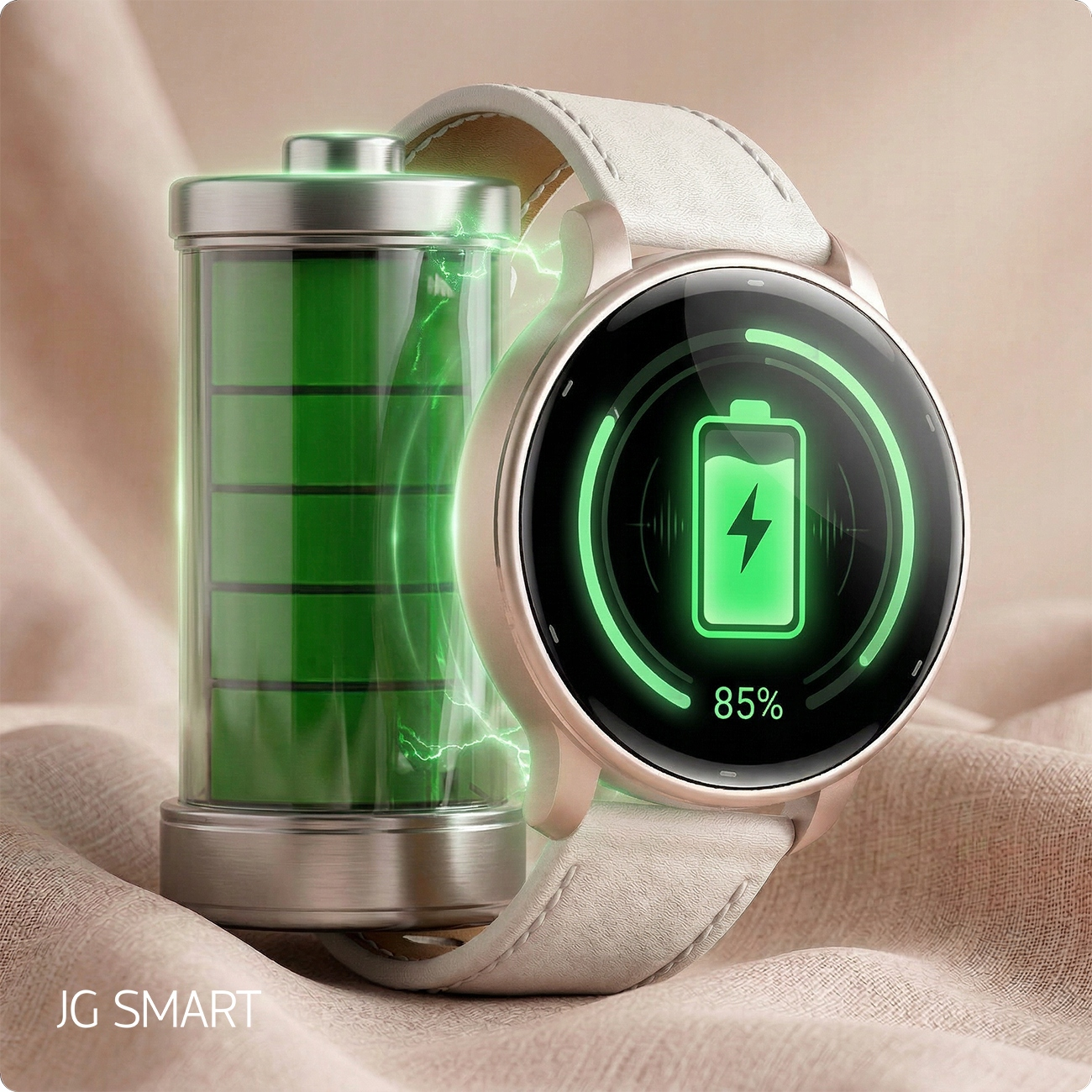 Smartwatch z 85% baterii obok stylizowanej ikony baterii.