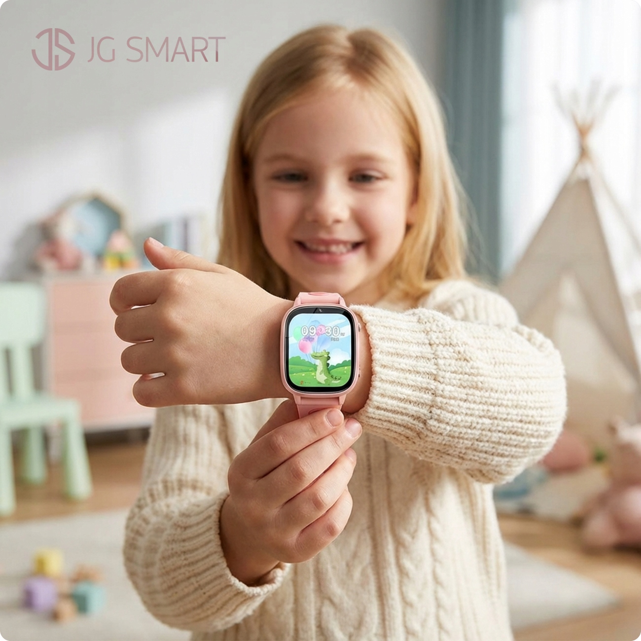 Dziewczynka nosi różowy smartwatch ze smokiem na ekranie. W tle pokój zabaw.