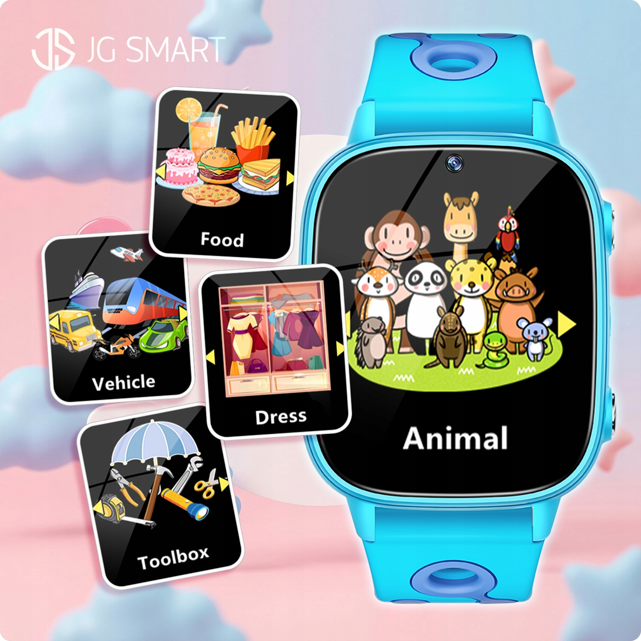 Niebieski smartwatch dla dzieci z ikonami aplikacji: zwierzęta, jedzenie, pojazdy, sukienka.