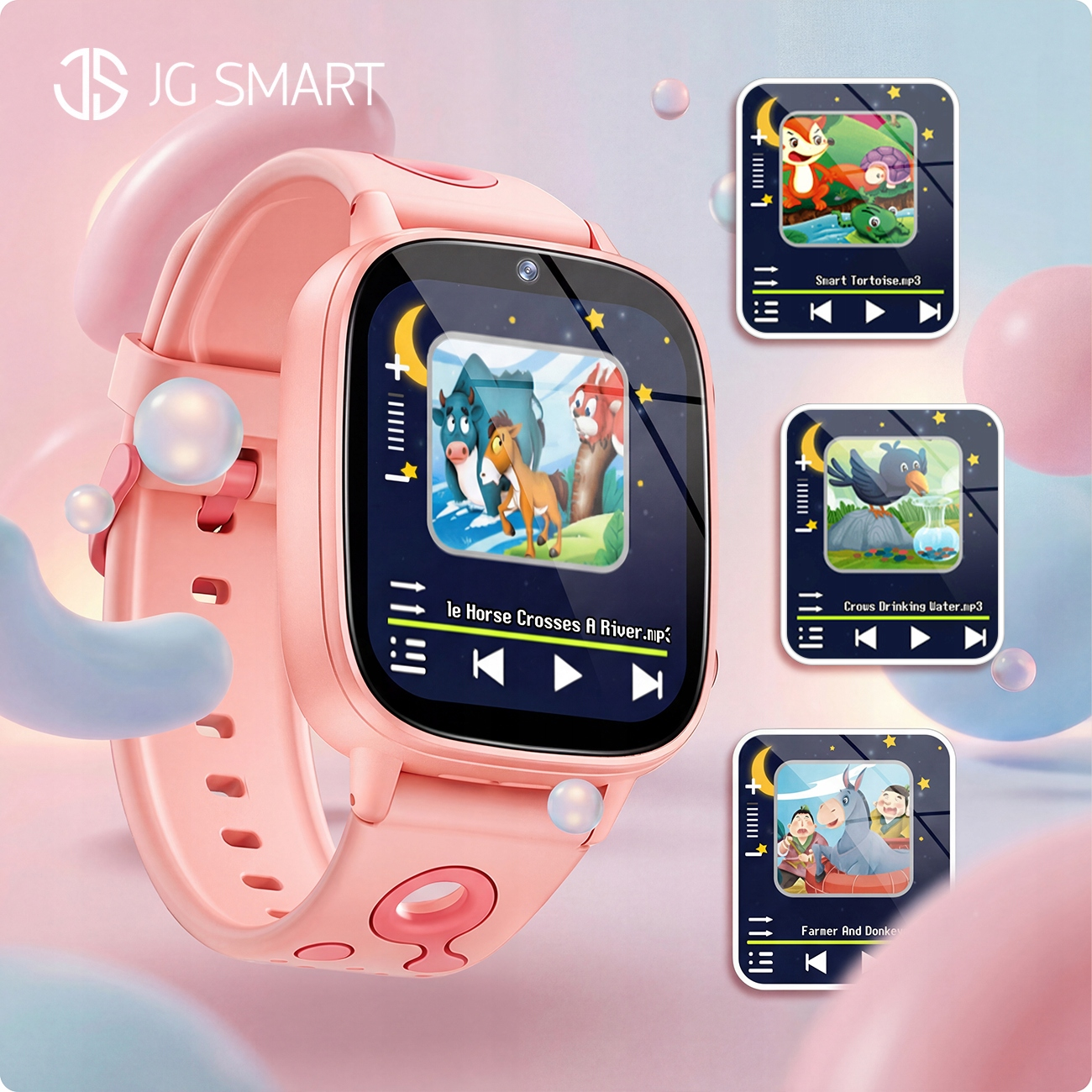 Różowy smartwatch wyświetlający trzy obrazy bajek.